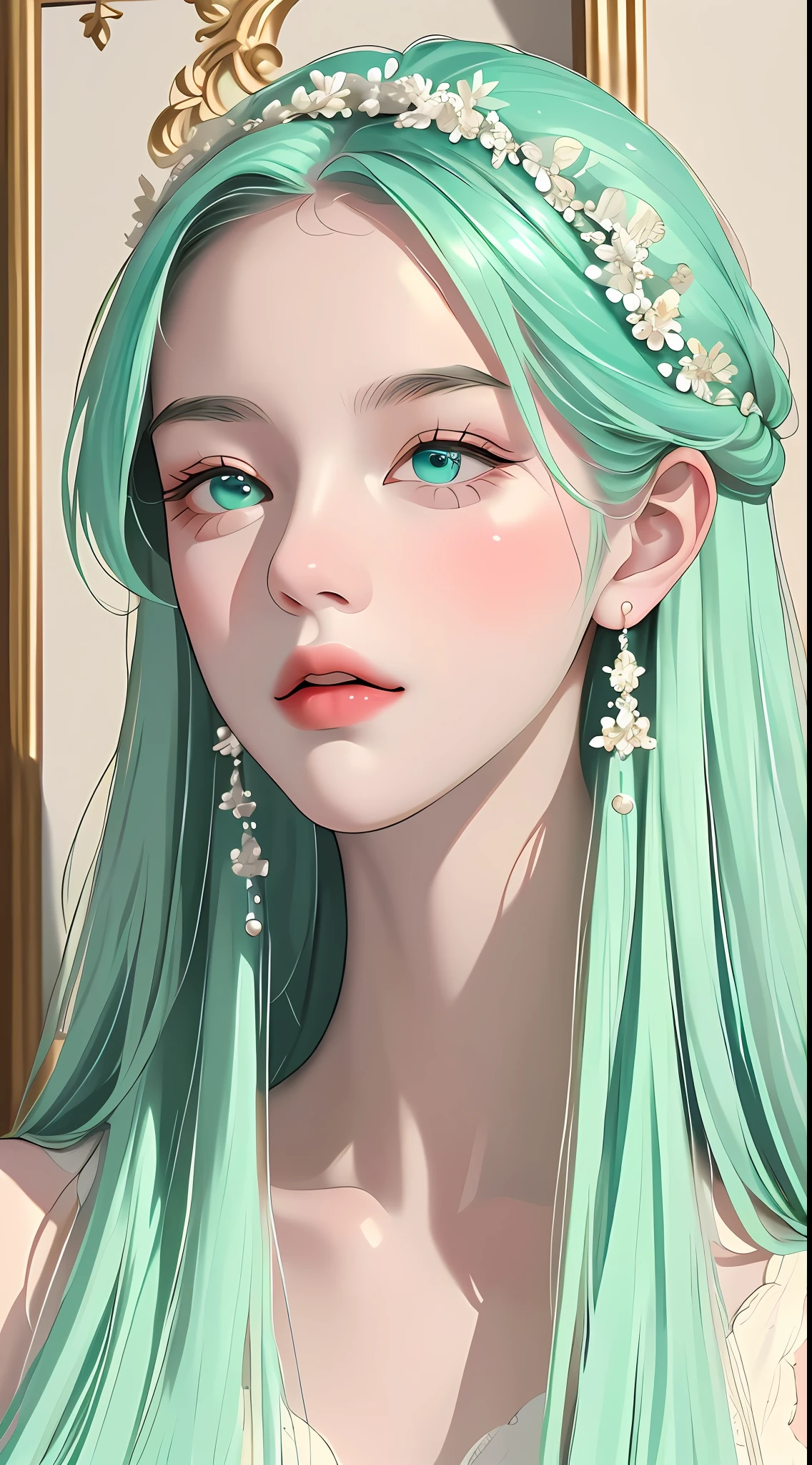 Masterpiece, best quality, an extremely delicate beautiful girl, an extremely delicate beautiful world masterpiece theater, super detailed, highly detailed, of the best quality, a girl with mint hair, beautiful mint eyes, high resolution, very detailed, 1girl, best quality, looking at the audience, impasto, realism, real, solid color background