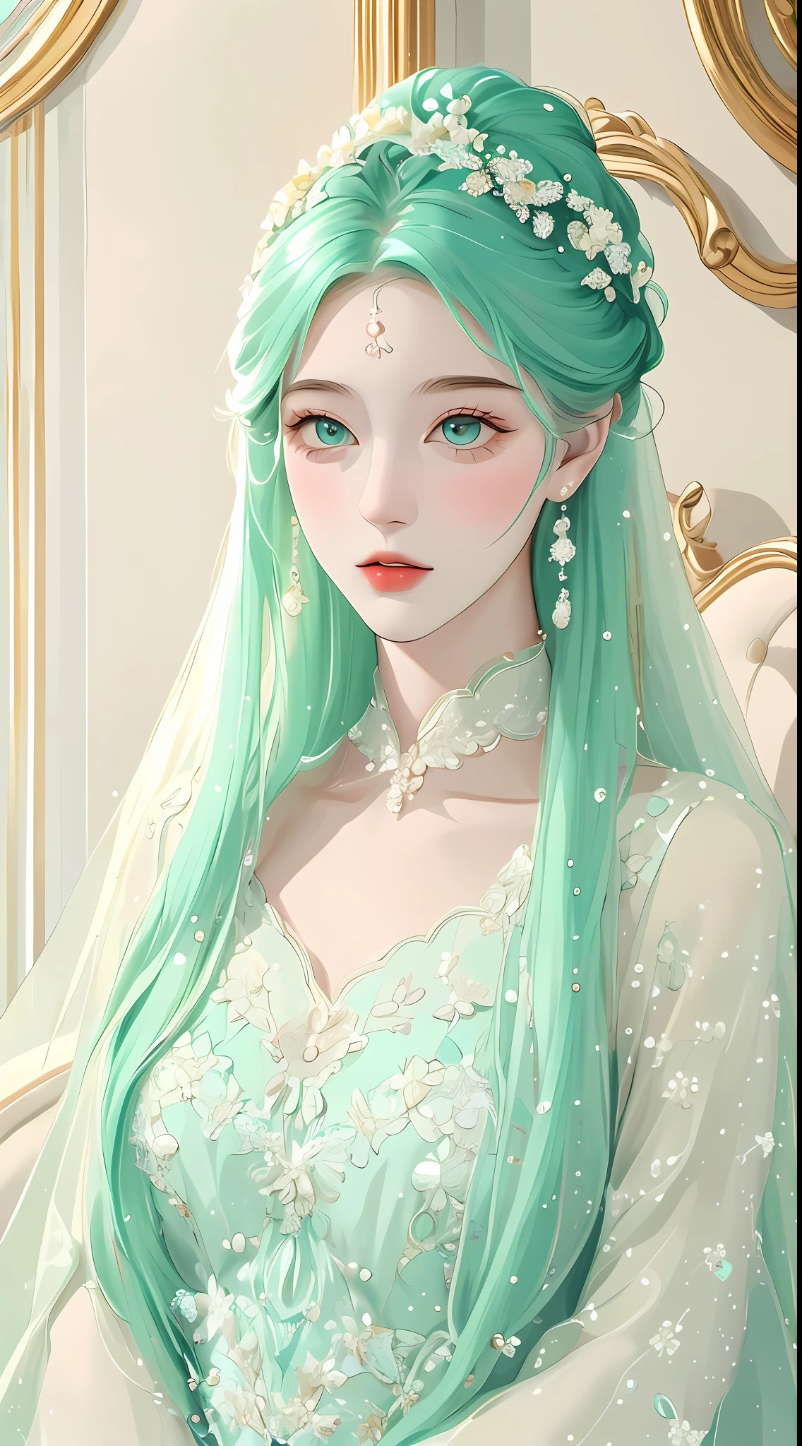Masterpiece, best quality, an extremely delicate beautiful girl, an extremely delicate beautiful world masterpiece theater, super detailed, highly detailed, of the best quality, a girl with mint hair, beautiful mint eyes, high resolution, very detailed, 1girl, best quality, looking at the audience, impasto, realism, real, solid color background