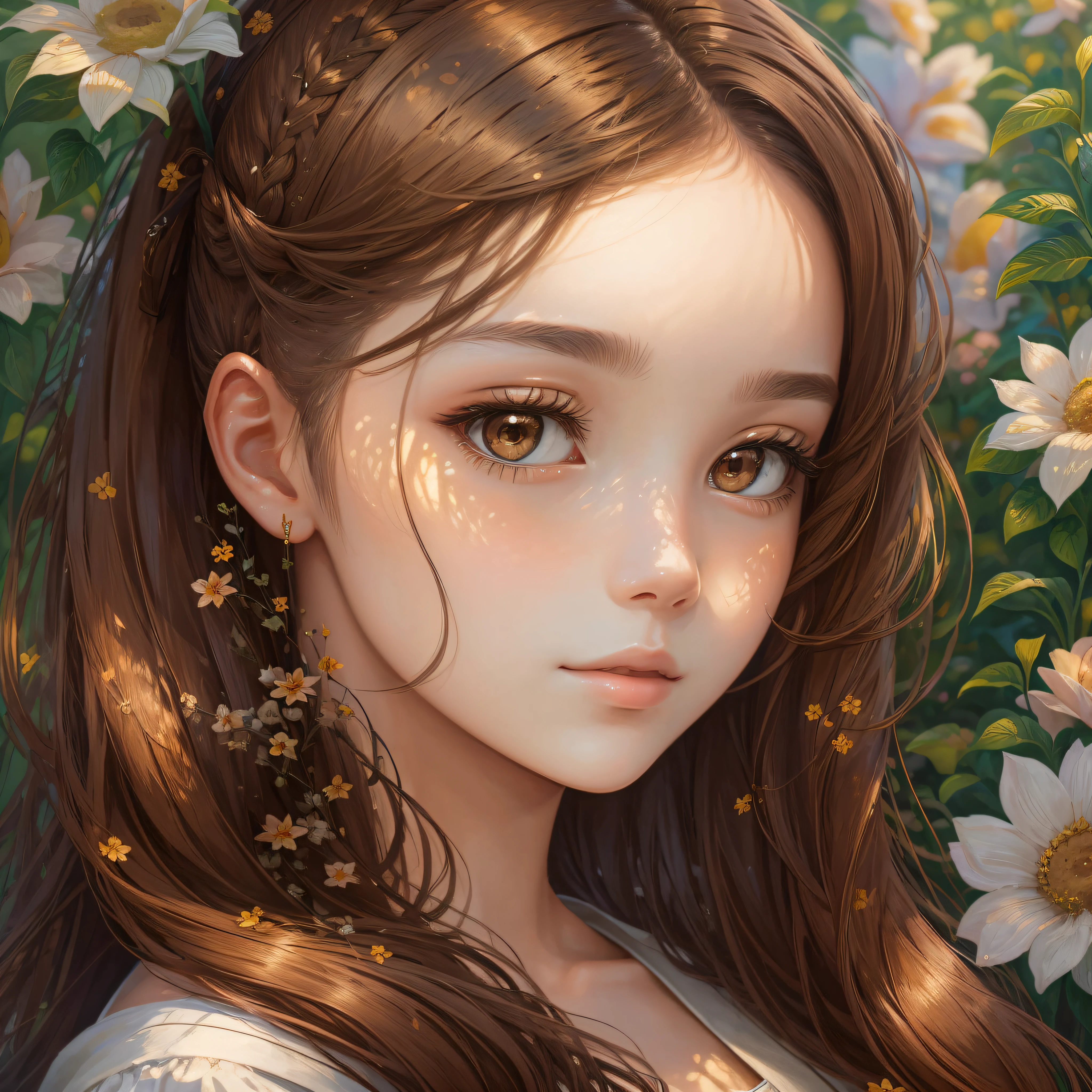 masterpiece,high quality,twin-tailed brown hairstyle,garden of the sun,one woman,degital painting of girl,face close-up,frontal,intelligent,high resolution,modern girl --auto --s2