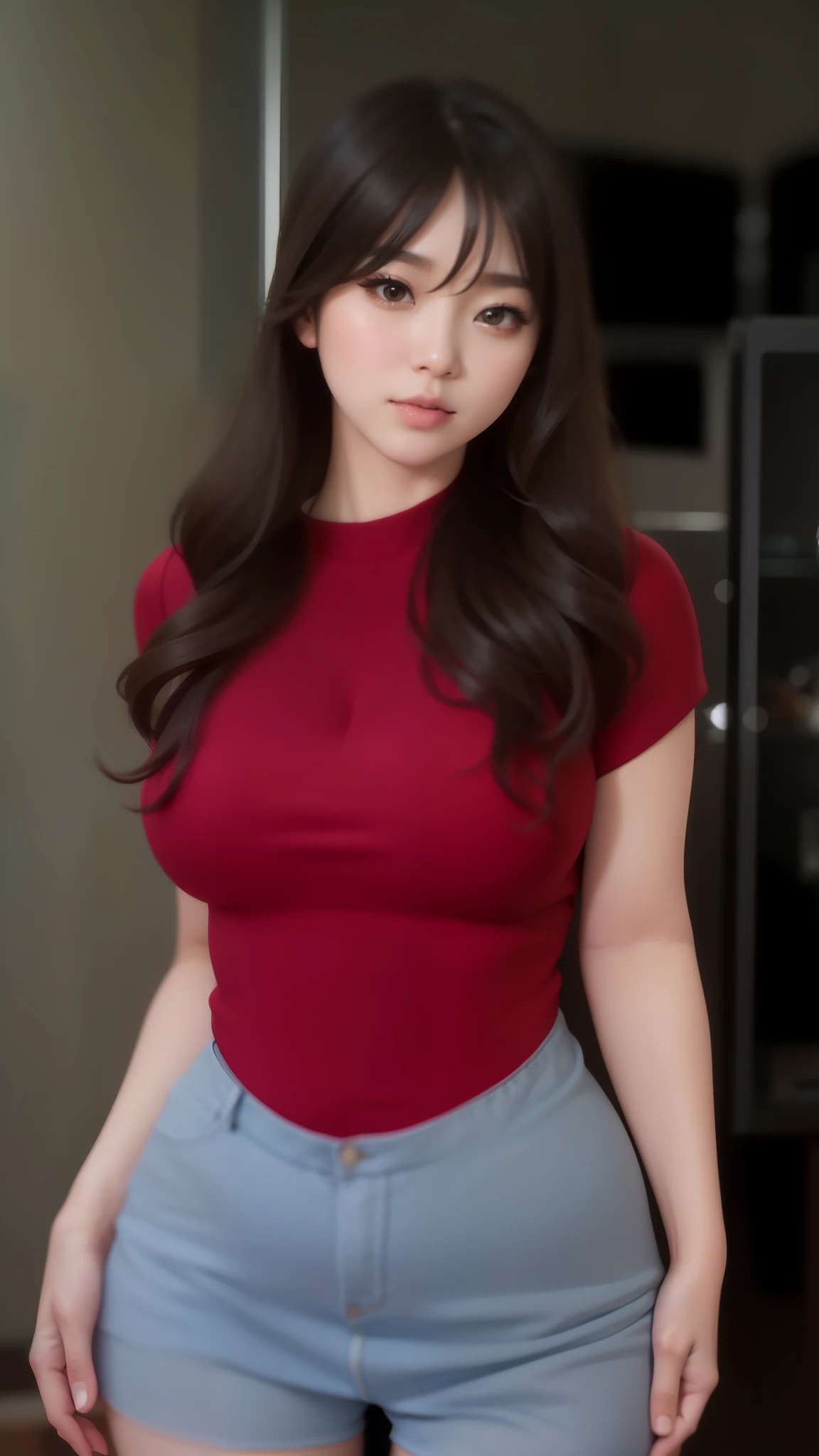 beautiful female k-pop idol, gigantic breasts, huge cleavage, her face is visible, close-up portrait, shot on sony a1, 85mm F/1. 4 ISO 100, medium format, 45 megapixel, studio lighting, softbox, high shutter speed flash photography, award-winning photograph with golden ratio composition, look at viewer