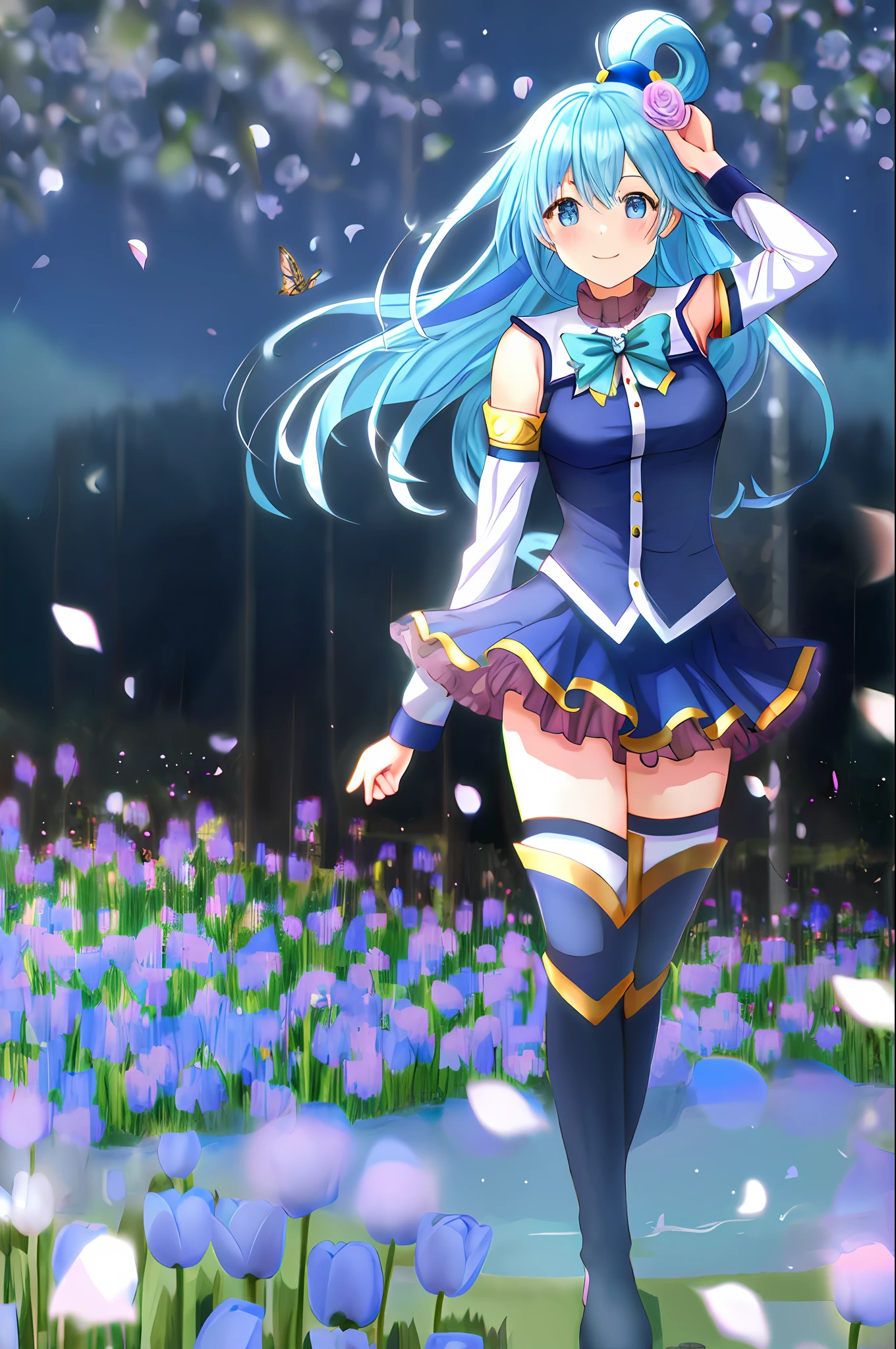 aqua \(konosuba\), style mksks, (very detailed background:1.0), (highly detailed background:1.0), {Masterpiece}, High Quality, 1girl, blue eyes, blue shoes, blue hair, blue thighs, blush, boots, flower field, flowers:2, motion blur, roses, tulips, (summer: 1.2), bubble, highlighted sleeves, hair ornament, hair rings, leg up, long hair, looking at the viewer,  medium breasts, open hand, single hair ring, skirt, smile, solo, standing, standing on one leg, thigh boots, thighs, very long hair, water, white thighs, (falling flower petals), chromatic aberration, depth of field, soft lighting, birds flying, butterflies flying