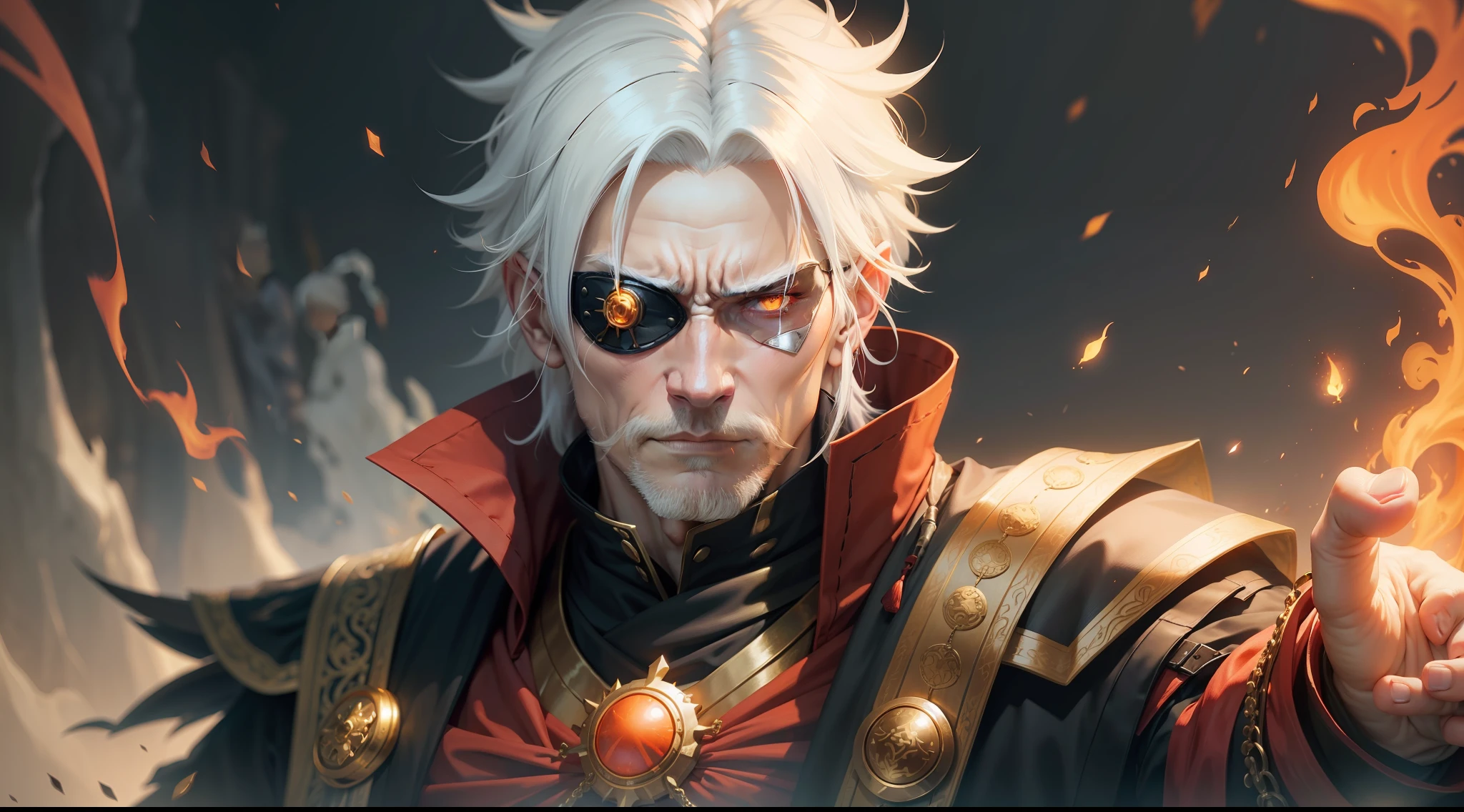Fire mage, blind but dignified, wearing an eye patch, irritable male, white hair, gold clothing --auto --s2