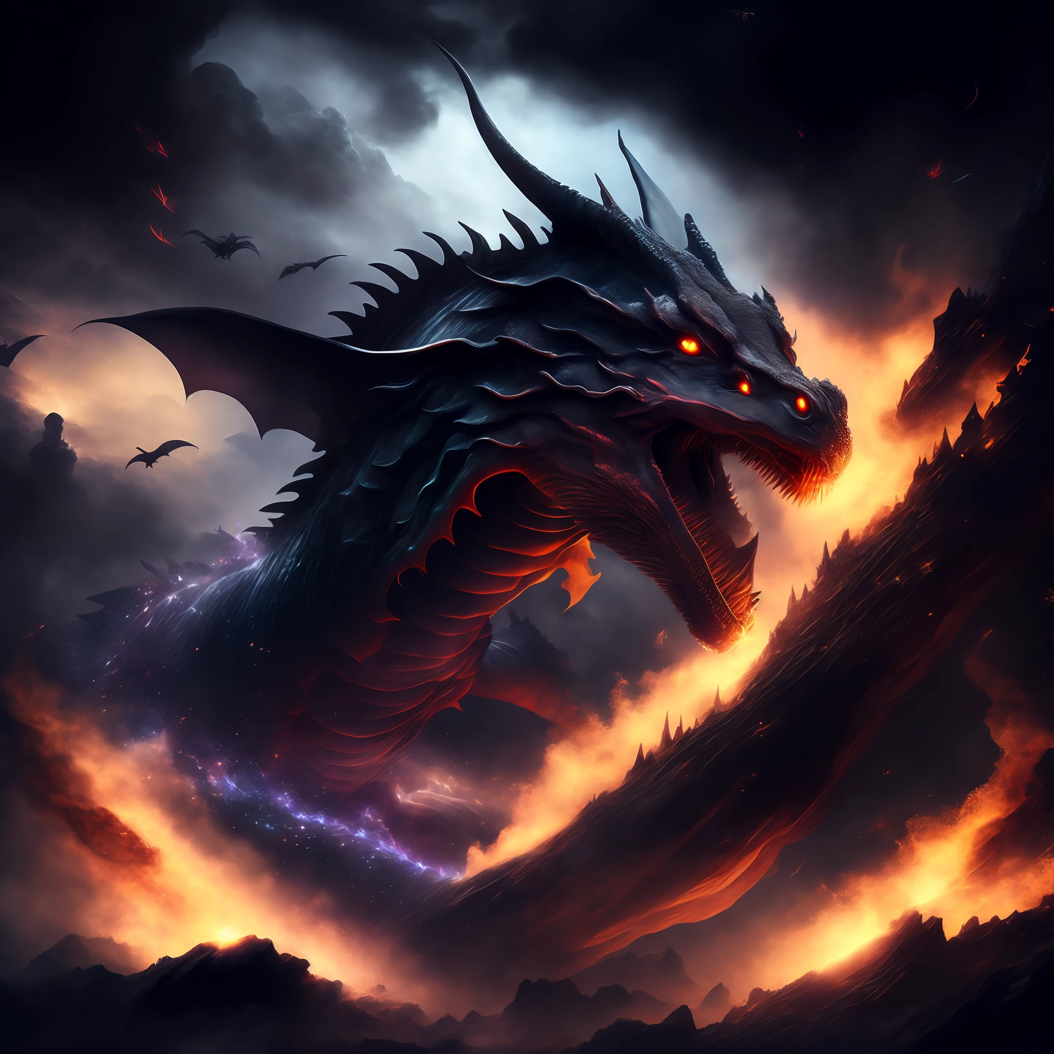 The best picture quality, masterpiece, dark magic style, dark color, surrounded by smoke, the magic dragon soars in the sky, sprays fireballs, the fireballs blow up the earth, the world is in ruins, the dragon soars in the sky, showing its supreme power.