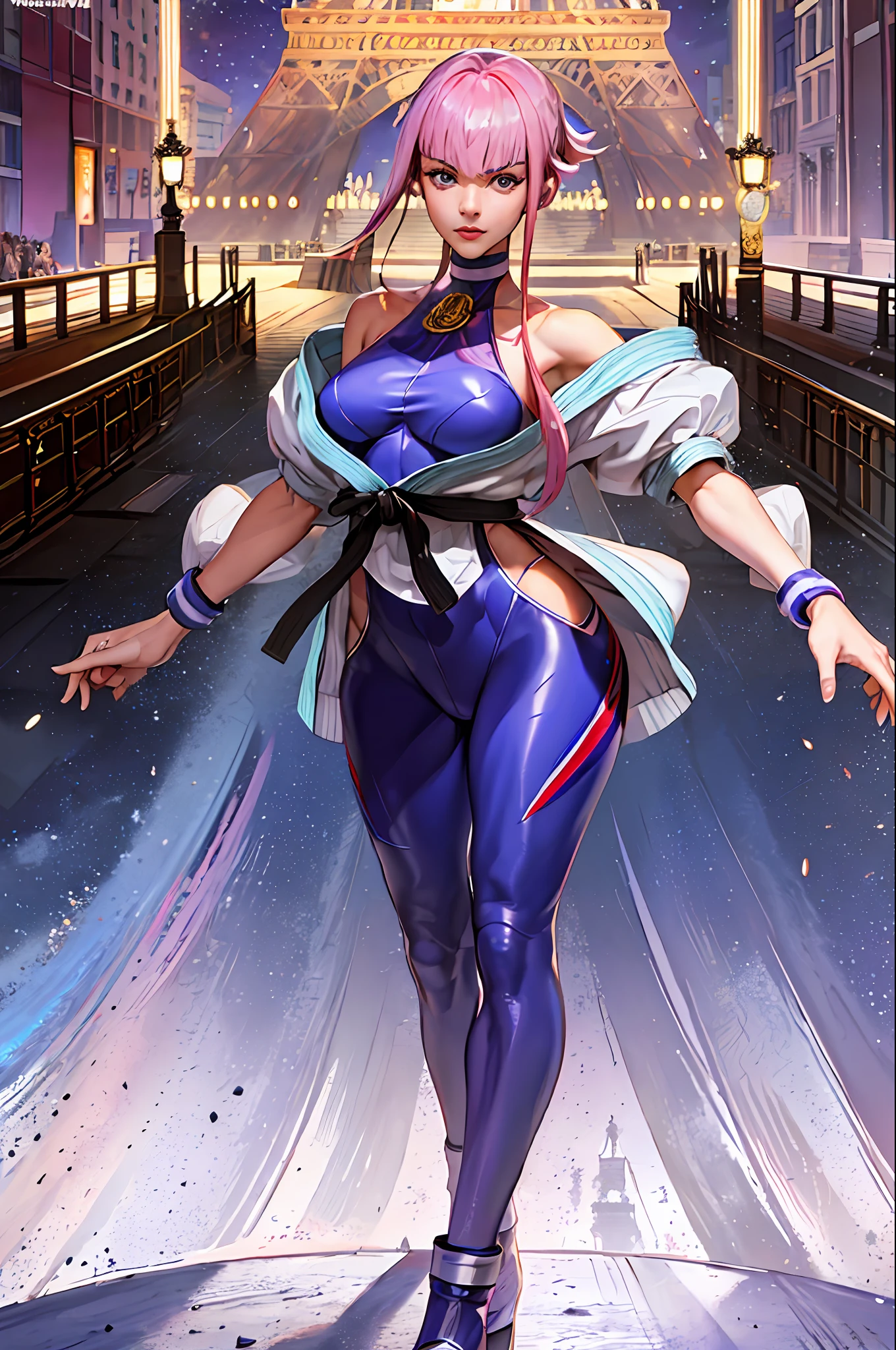 ((Best Quality, 8K, Masterpiece: 1.3)), (Fractal Art: 1.3), ((A Manon in line with Street Fighter 6 official, doing the opening action of the game)), Short pink shiny hair, (Manon wearing a Street Fighter 6 costume), European French, supermodel_body and face, 30 years old, mature, detailed face, detailed skin texture, angular face, (long eyes: 1.2, large eyes, Obvious eyelids, long eyelashes), feminine expression, confident expression, long legs, perfect body proportions, (small breasts, small and hard), (fitness figure, with obvious muscles), pink nails, perfect facial features, symmetrical face, high nose bridge, three-dimensional, very elegant movements, noble temperament, full of confident eyes shining, best light, ray tracing, photon mapping, (in the distance is the Eiffel Tower, Baroque architecture, walking the red carpet in front of the palace, celebrities shooting magazines, the focus of the audience, There are super many reporters on both sides of the red carpet, night, night, lively lights), official illustrations (the texture of fine clothes), (shot with a DSLR camera from a distance, from top to bottom shooting angle), complex reflections, the blingbling golden and sliver glitter on the body: 1.6, shining because of reflections Very dazzling)