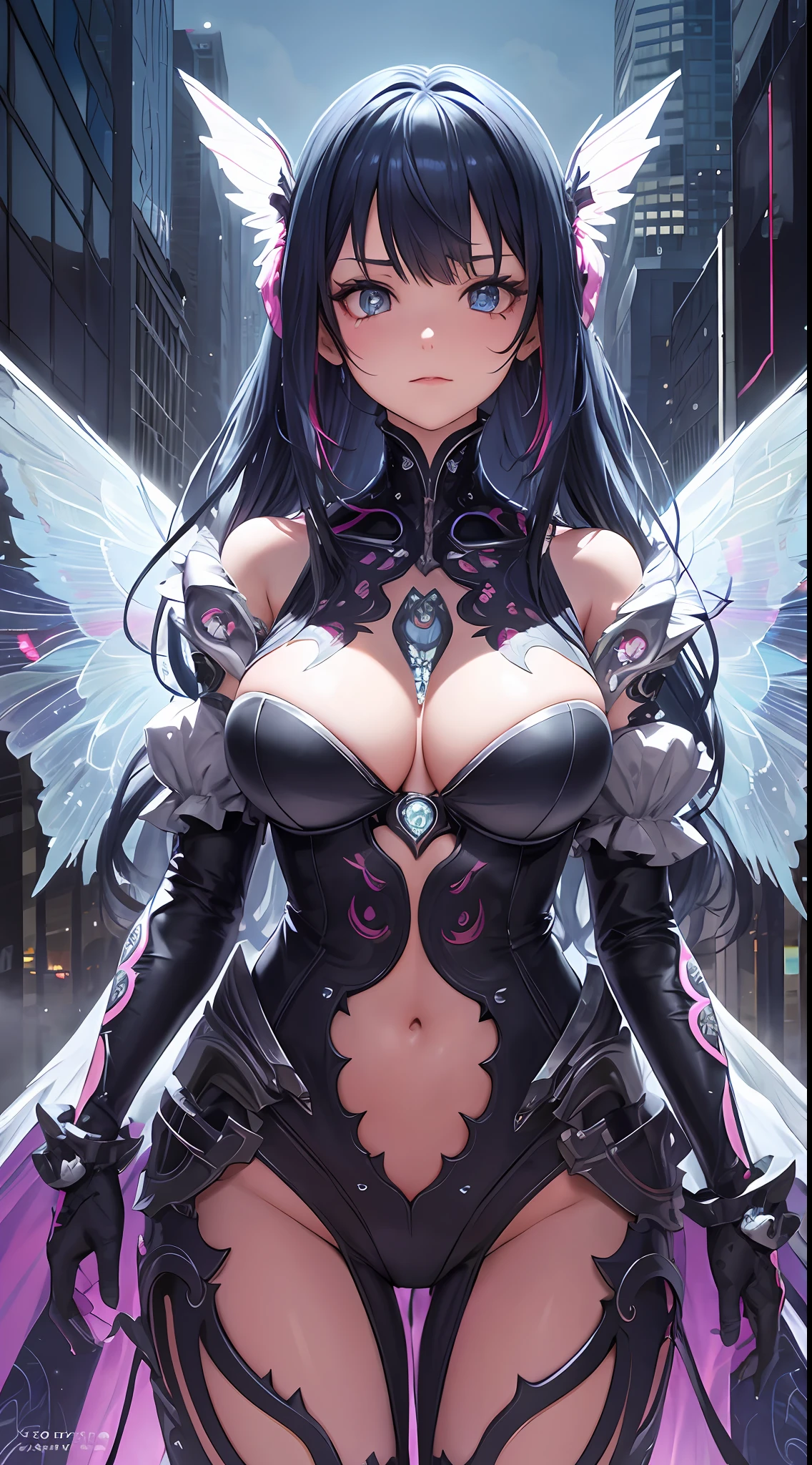 Nsfw, {{{{2girls}}}, {{hyper photo realistic}}, {hyper cute anime face}, {{masterpiece}}, {{superfine illustrations}}, {{hyper detailed very colorful hair}}, {{hyper detailed shape skin}}, {{detailed elaborately patterned beautiful eyes}}, {{hyper detailed cyberpunk colorful frill body dress}},{{Elaborately patterned mechanical wings}}, {{symmetrical reflection}}, ((slim waist)), }, cinematic angle, cinematic lighting, soft lens flare, depth of field, {{{hyper beautiful detailed cyberpunk city landscape}}}, {foggy}, {{Shining halo}},