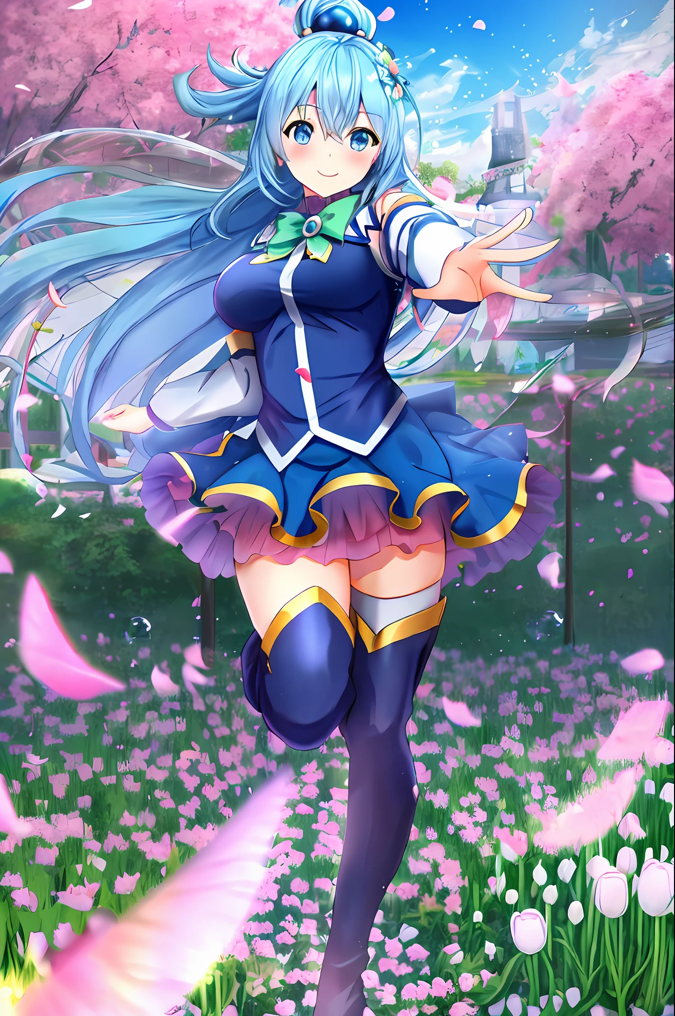 aqua \(konosuba\), style mksks, (very detailed background:1.0), (highly detailed background:1.0), {Masterpiece}, High Quality, 1girl, blue eyes, blue shoes, blue hair, blue thighs, blush, boots, flower field, flowers:2, motion blur, roses, tulips, (summer: 1.2), bubble, highlighted sleeves, hair ornament, hair rings, leg up, long hair, looking at the viewer,  medium breasts, open hand, single hair ring, skirt, smile, solo, standing, standing on one leg, thigh boots, thighs, very long hair, water, white thighs, (falling flower petals), chromatic aberration, depth of field, soft lighting, birds flying, butterflies flying