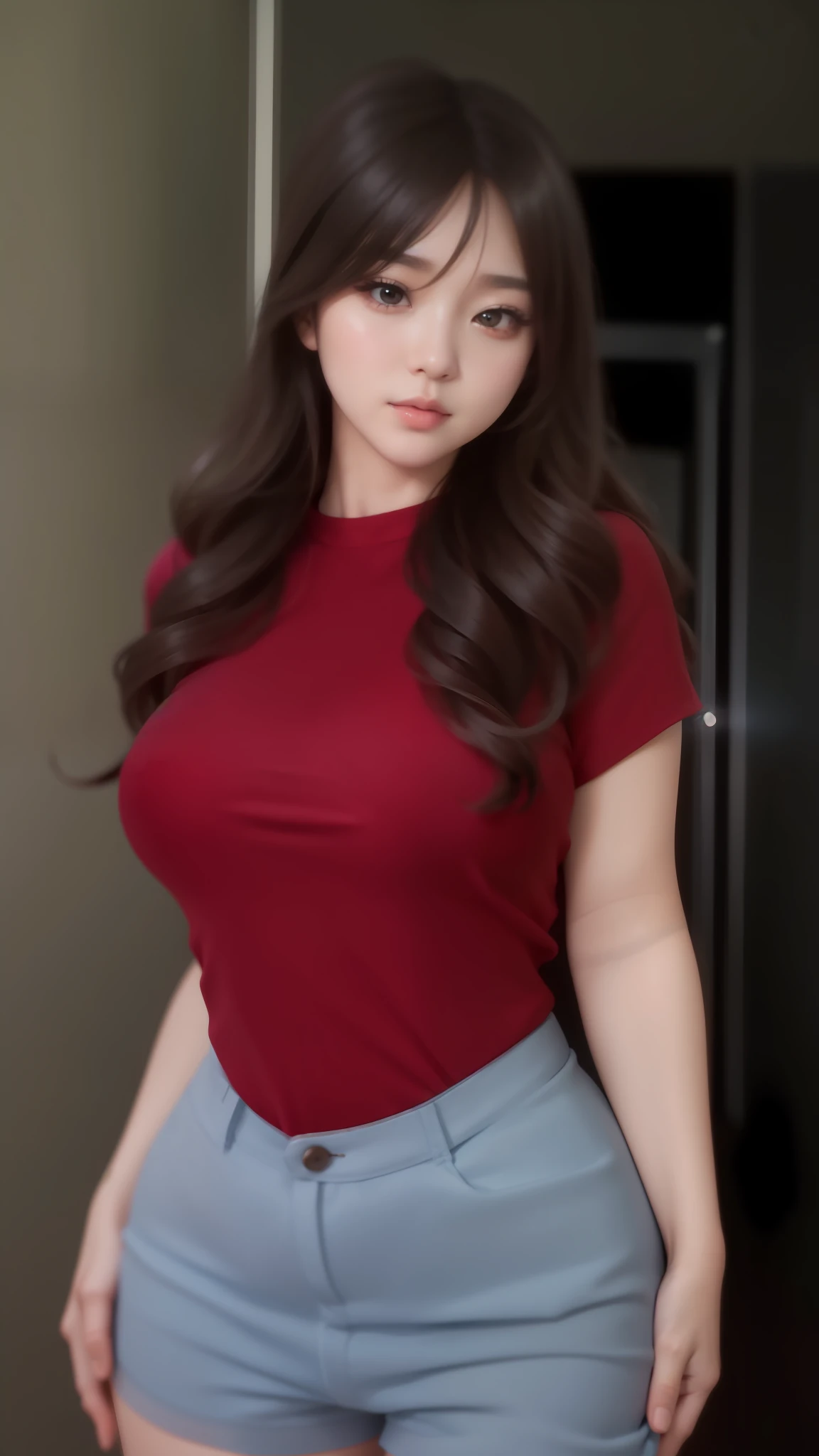 beautiful female k-pop idol, gigantic breasts, huge cleavage, her face is visible, close-up portrait, shot on sony a1, 85mm F/1. 4 ISO 100, medium format, 45 megapixel, studio lighting, softbox, high shutter speed flash photography, award-winning photograph with golden ratio composition, look at viewer