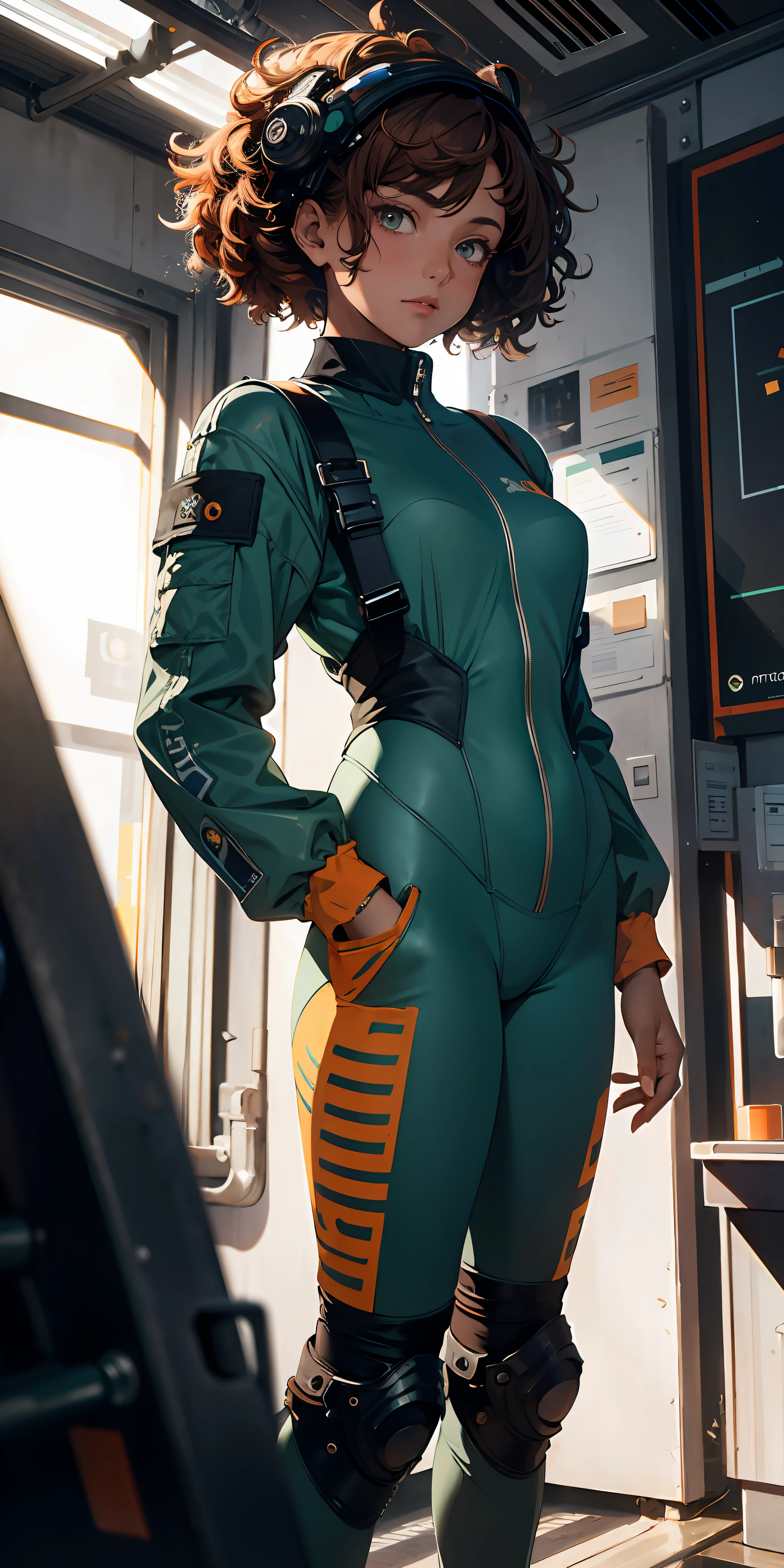 (masterpiece:1.4), 1girl, Wear a lightweight spacesuit, no helmet,absurdres, (masterpiece:1.4), ultra-detailed, 1girl, stand up, space uniform,2023 fashion, cyberpunk streetwear, green and orange, brown curly hair, dark-skinned