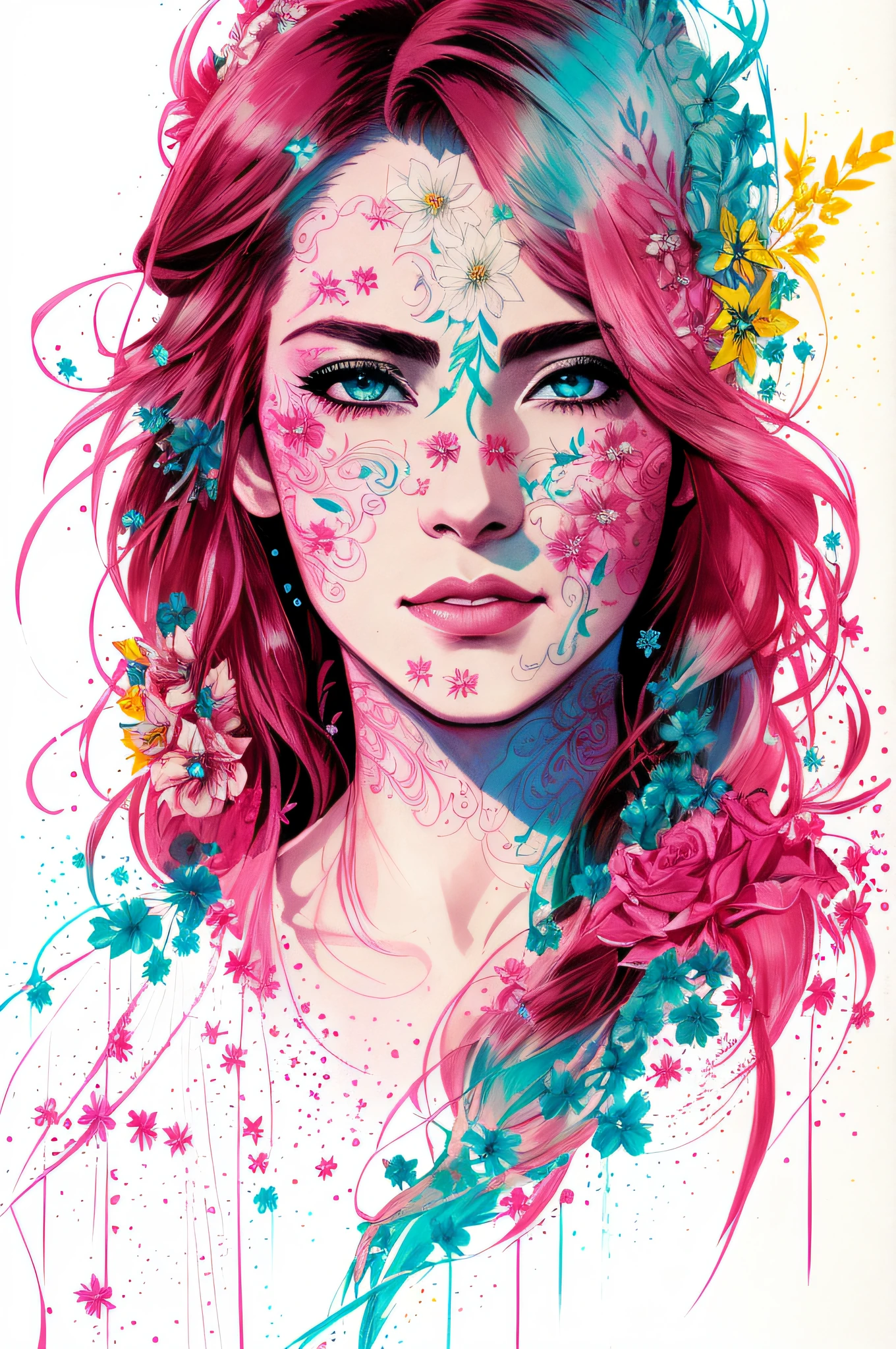 Strong warrior princess, center, key visual, complex, highly detailed, breathtaking beauty, accurate line drawing, vibrant, inclusive film, Carne Griffith, Conrad Rosset, (most beautiful portrait in the world: 1.5), wedding dress, flowers, bridal feeling, bride wear tiara