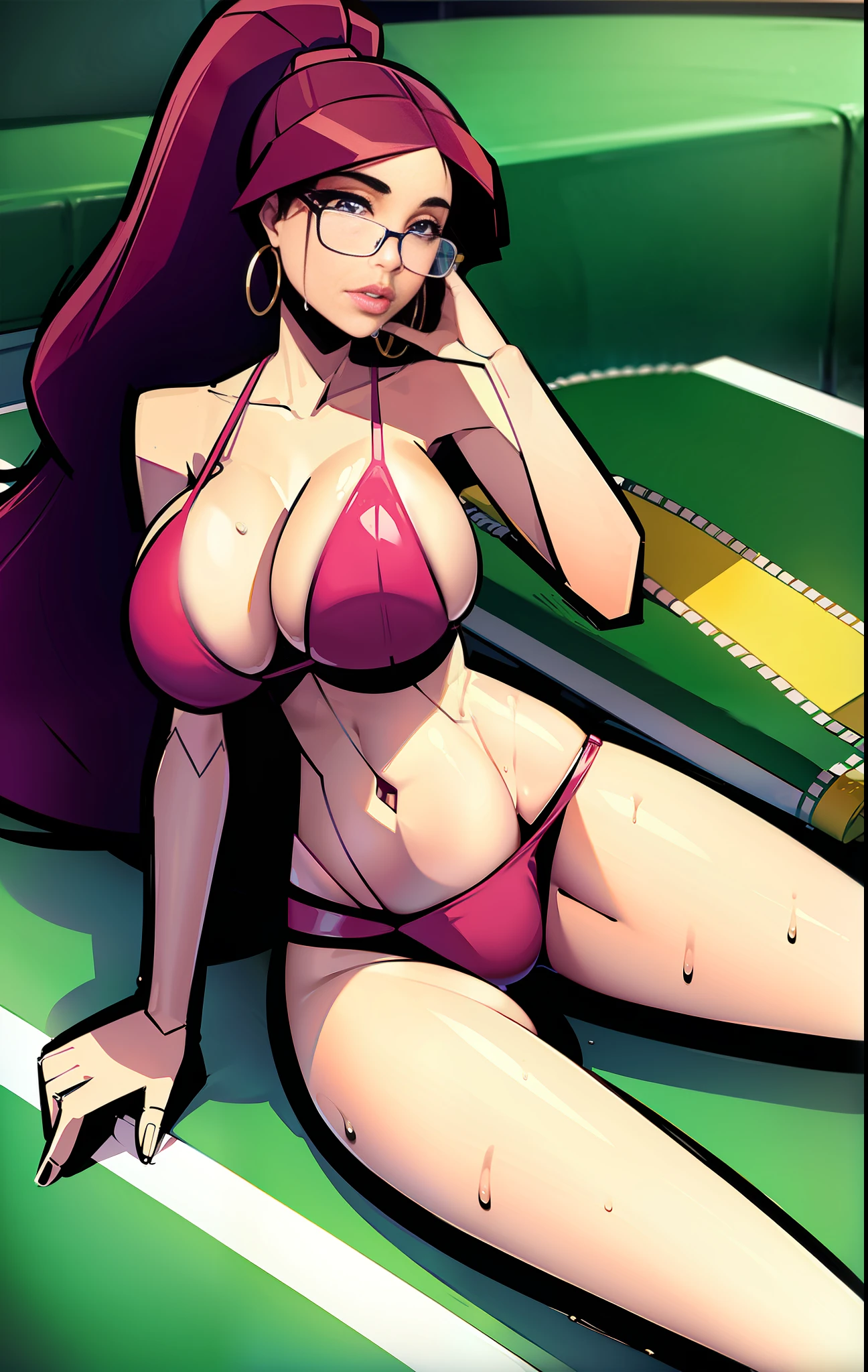 MILF drawing with huge breasts on the bed with an open red ribbon bikini of legs drinking water, huge breasts, glasses, blue eyes, wavy hair, redhead, flower on head, full body, lying down, heels, legs open, lying down, wet, wet swimsuit, comic drawing style, small nose, hoop earrings, ponytail hair, Stylized legs, pretty hips, huge, marked breasts, drinking water sexy, thick lips, erect weights