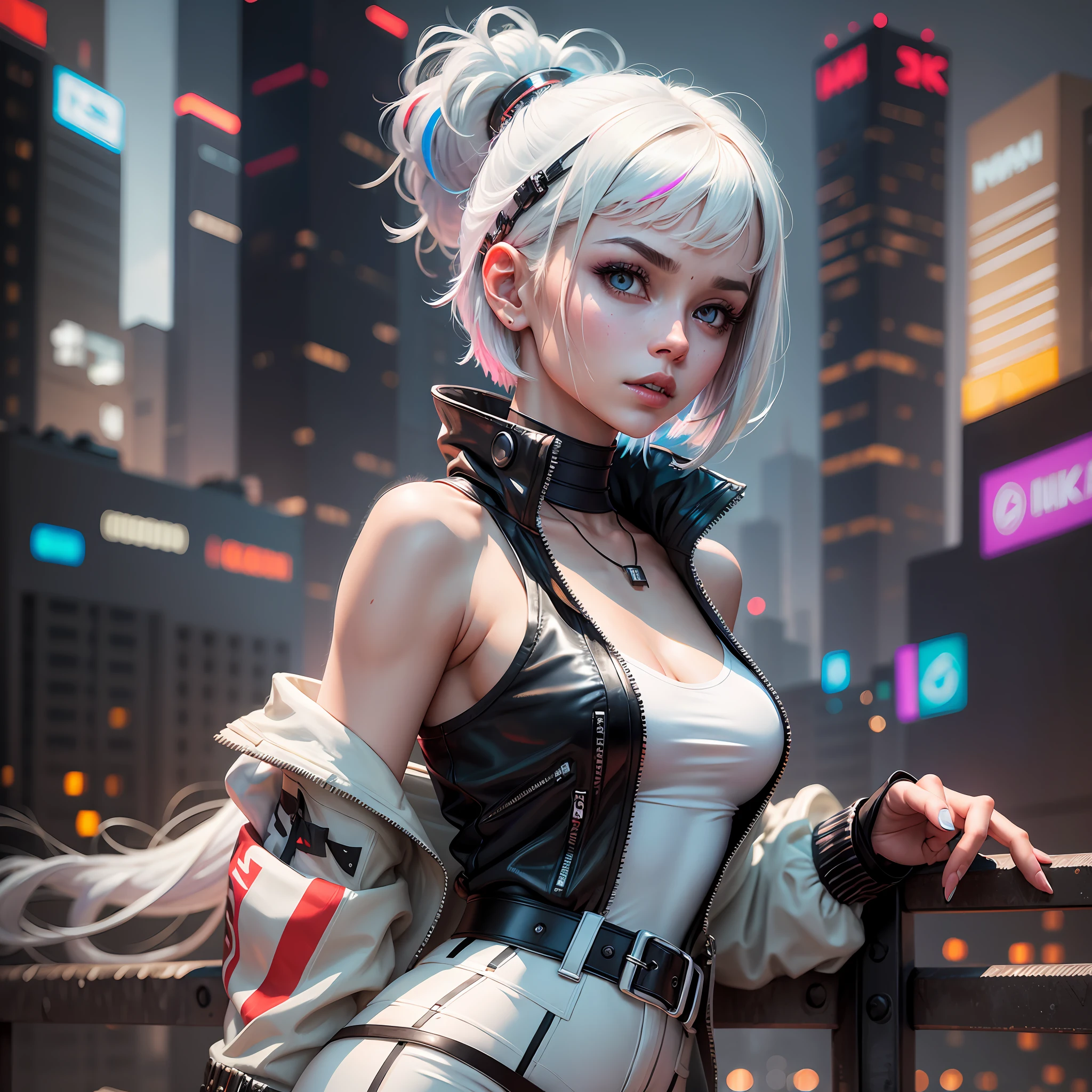 masterpiece, (photorealistic:1.4), best quality, beautiful lighting, (ulzzang-6500:0.5), lucy \(cyberpunk\), 1girl, white hair, against railing, arm rest, bangs, bare shoulders, belt, black belt, black leotard, black pants, blurry, bob cut, breasts, building, cityscape, clothing cutout, (cropped jacket), cyberpunk, depth of field, from side, gradient eyes, grey eyes, grey hair, white jacket, leotard, lips, long sleeves, looking afar, looking ahead, (mechanical parts), medium breasts, multicolored eyes, multicolored hair, night, night sky, off shoulder, open clothes, open jacket, outdoors, pants, parted lips, railing, red eyeliner, science fiction, short hair with long locks, short shorts, shorts, sidelocks, sky, solo, standing, teeth, thigh cutout, upper teeth only, white jacket, white shorts, cyberpunk \(series\), cyberpunk edgerunners, RAW photo, 8k uhd, film grain, cosplay, white wig, night, neon lights,,,, --auto --s2