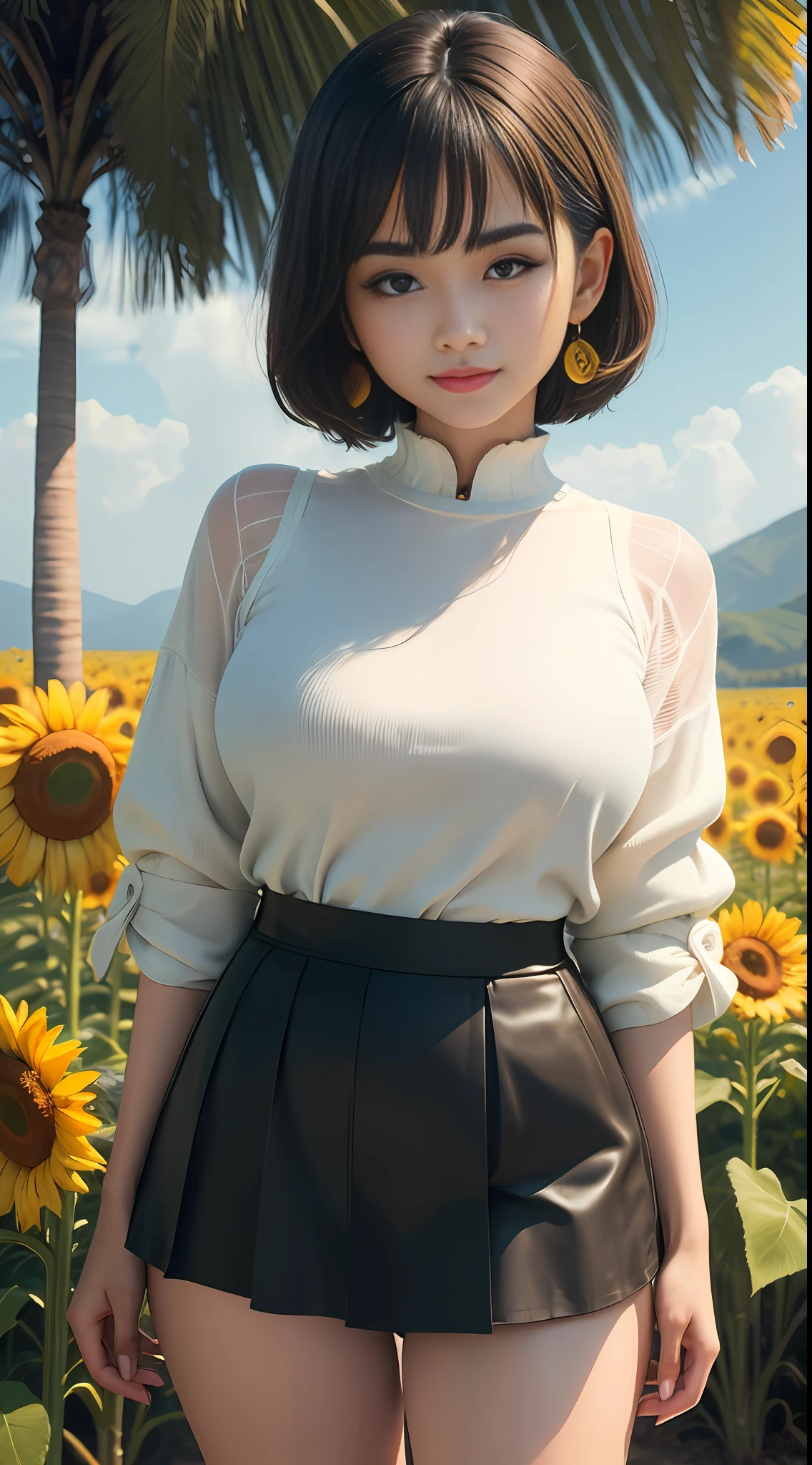 ((Best Quality, 8K, Masterpiece: 1.3)), Well-formed face, Big eyes, Model figure, Glossy skin type, Double eyelids, Short hair, Smooth hair, Smile, Earrings, Korean beauty, Taiwanese beauty, No skin, Big breasts that can be seen even from the top of clothes, With bangs, Mini skirt, Sun, Sunflower field, Thick eyebrows