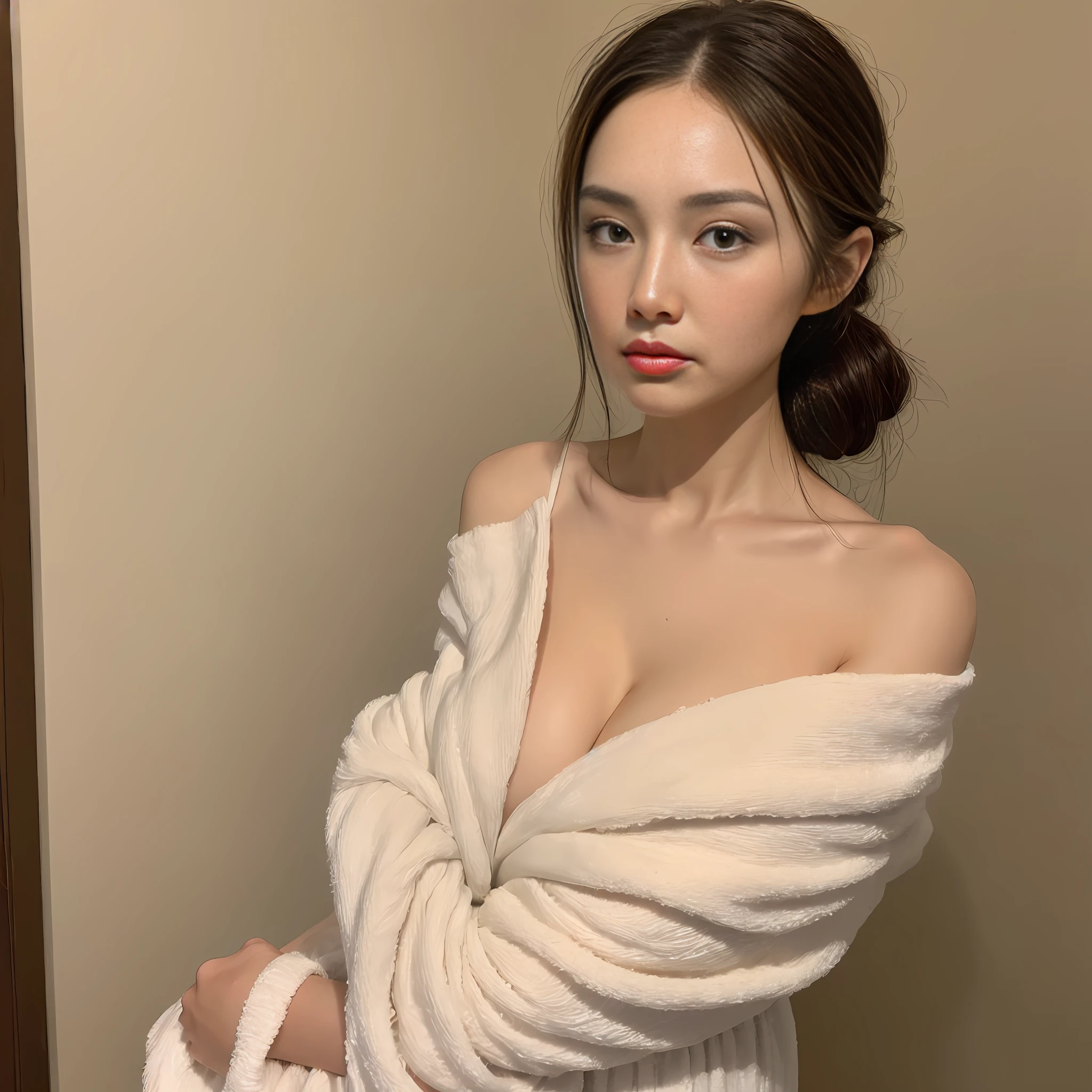 ((Best Quality, 8K, Masterpiece: 1.3)), 1girl, Slim Abs Beauty: 1.3, (Casual hairstyle, Big Breasts: 1.2), Dress: 1.1, Super fine face, Delicate eyes, Double eyelids, home, two beauties (chest-to-chest hug) wearing bath towels