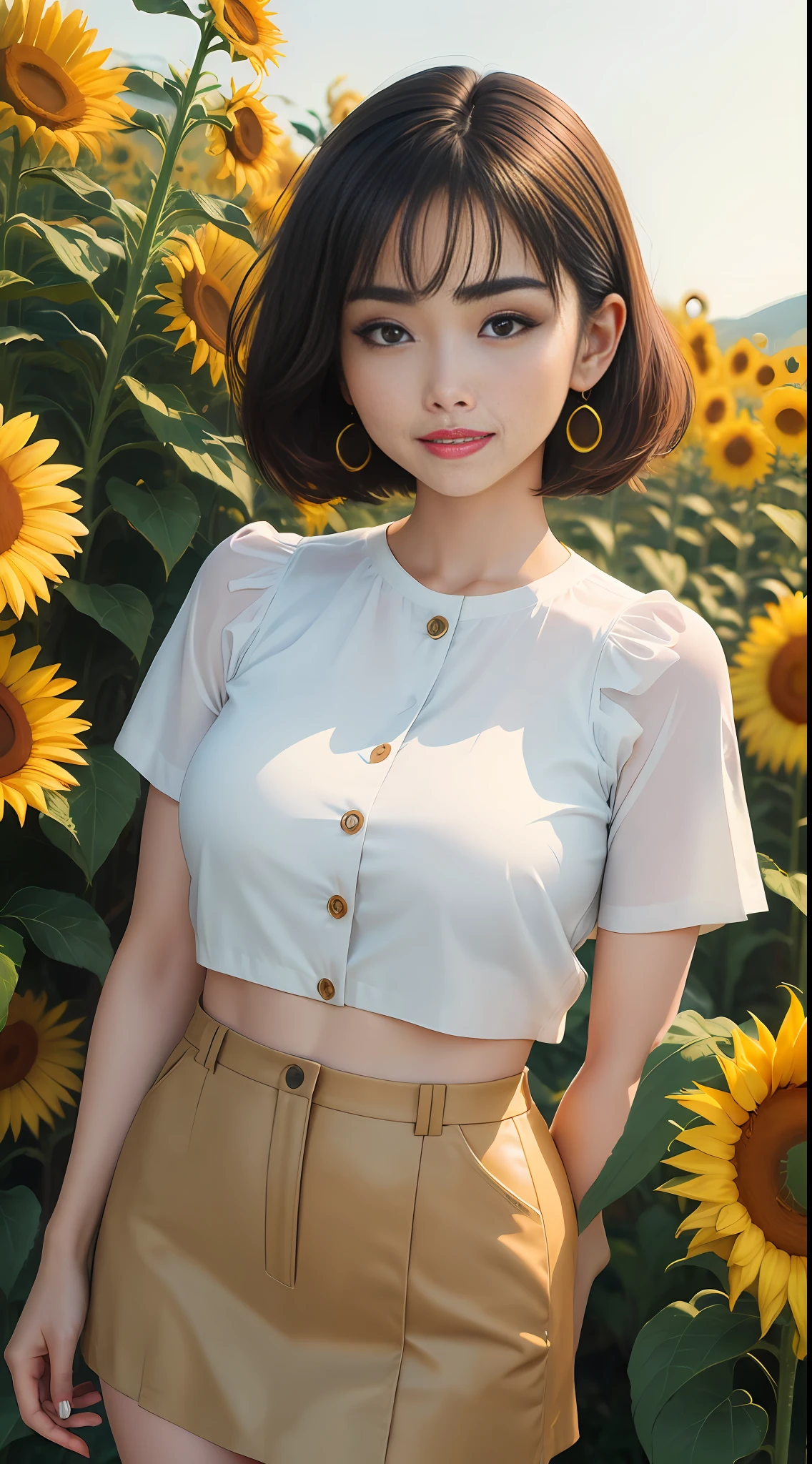 ((Best Quality, 8K, Masterpiece: 1.3)), Well-formed face, Big eyes, Model figure, Glossy skin type, Double eyelids, Short hair, Smooth hair, Smile, Earrings, Korean beauty, Taiwanese beauty, No skin, Big breasts that can be seen even from the top of clothes, With bangs, Mini skirt, Sun, Sunflower field, Thick eyebrows