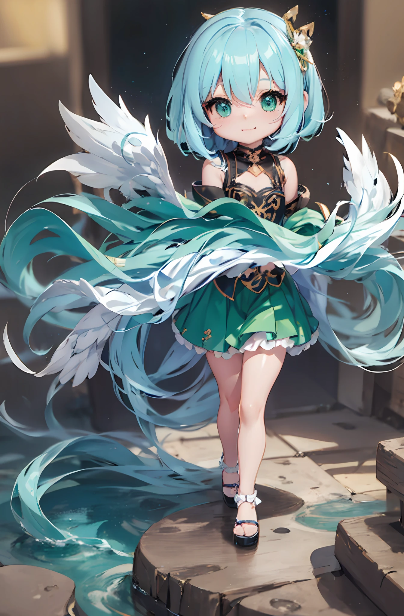 One anime angel doll, (Chibi: 1.2), 8K high quality detail art, white feathers on the back, emerald green hair, gradient, twinkle, style as Nendoroid, stylized anime, anime style 4K, cute detailed digital art, Guweiz style artwork, 8K octar rendering photos, advanced digital chibi art, Cute 3d render, anime style, light, glow