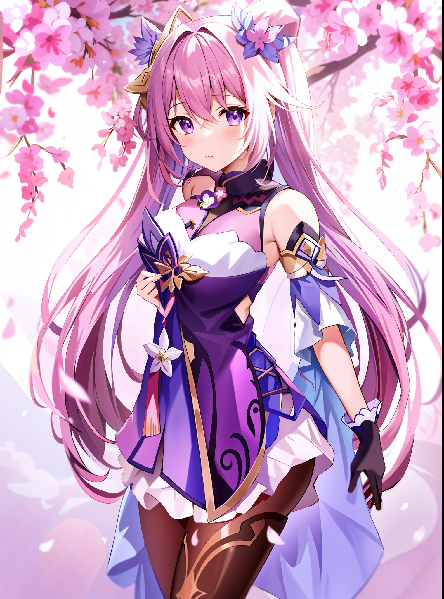 Anime girl with long hair and purple dress standing under a tree, Ayaka Genshin Impact, cute anime Kaifuku wearing beautiful clothes, anime vision of cute girl, splash art anime loli, Ayaka game Genshin Impact, anime goddess, beautiful fantasy anime, Kokiyo from Genshin Impact, from Azure Alley video game, Alchemist Girl, gigantic breasts, No Ears