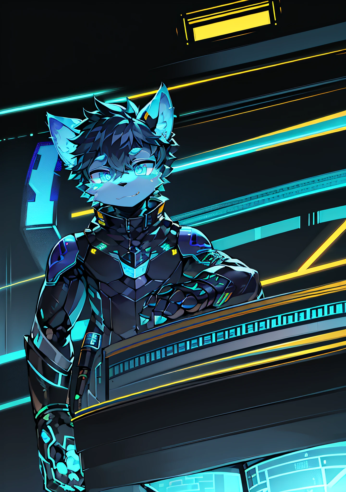 Masterpiece, High quality portrait, highest definition, detailed texture, circuit, glowing texture, drone, robot, machine joint, core, glow, zhengtai robot, cub, wolf type robot, solo, humanoid focus, armored skin, detailed eyes, electronic prosthetic eye, robot wolf ear, circuit tattoo, goggles, wing, panorama, full body