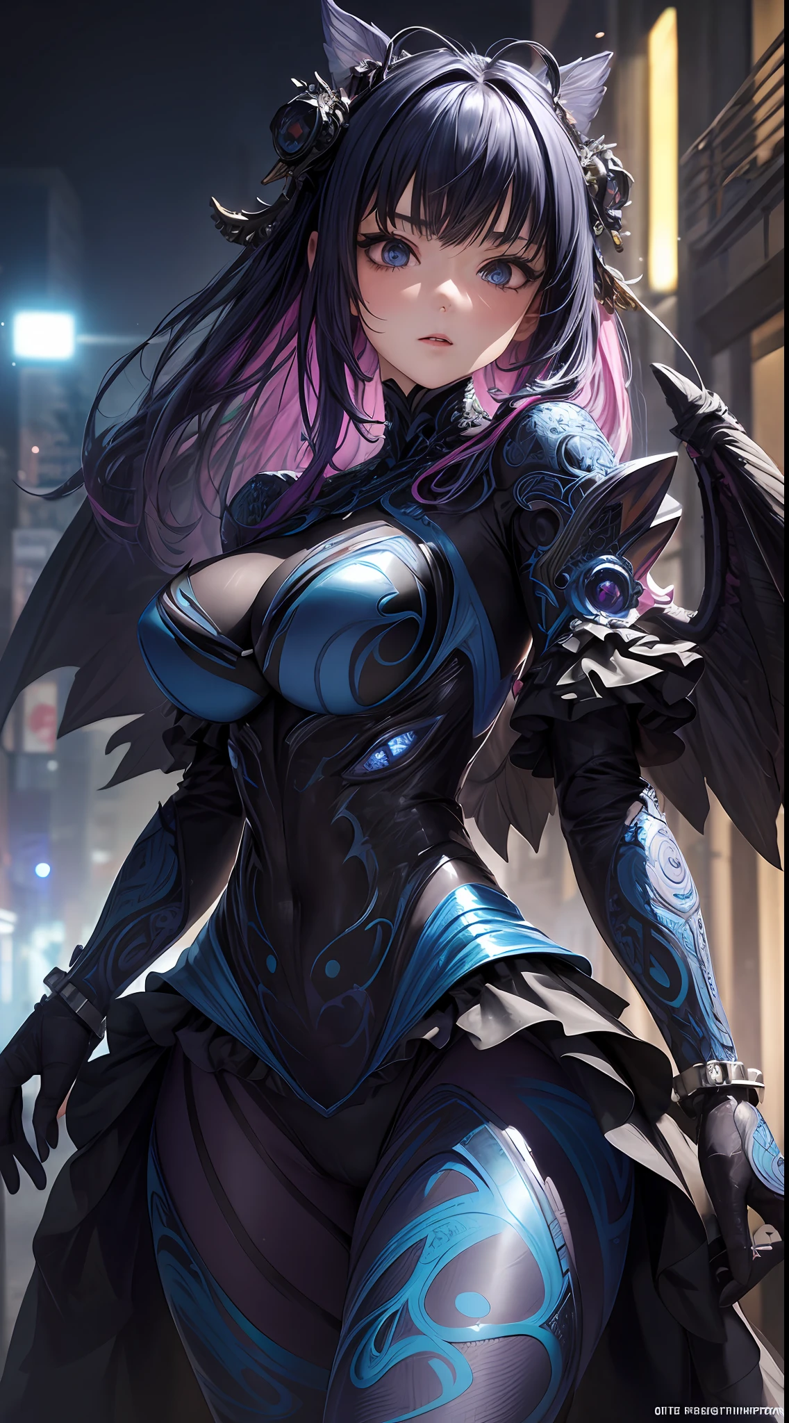 Nsfw, {{{{2girls}}}, {{hyper photo realistic}}, {hyper cute anime face}, {{masterpiece}}, {{superfine illustrations}}, {{hyper detailed very colorful hair}}, {{hyper detailed shape skin}}, {{detailed elaborately patterned beautiful eyes}}, {{hyper detailed cyberpunk colorful frill body dress}},{{Elaborately patterned mechanical wings}}, {{symmetrical reflection}}, ((slim waist)), }, cinematic angle, cinematic lighting, soft lens flare, depth of field, {{{hyper beautiful detailed cyberpunk city landscape}}}, {foggy}, {{Shining halo}},