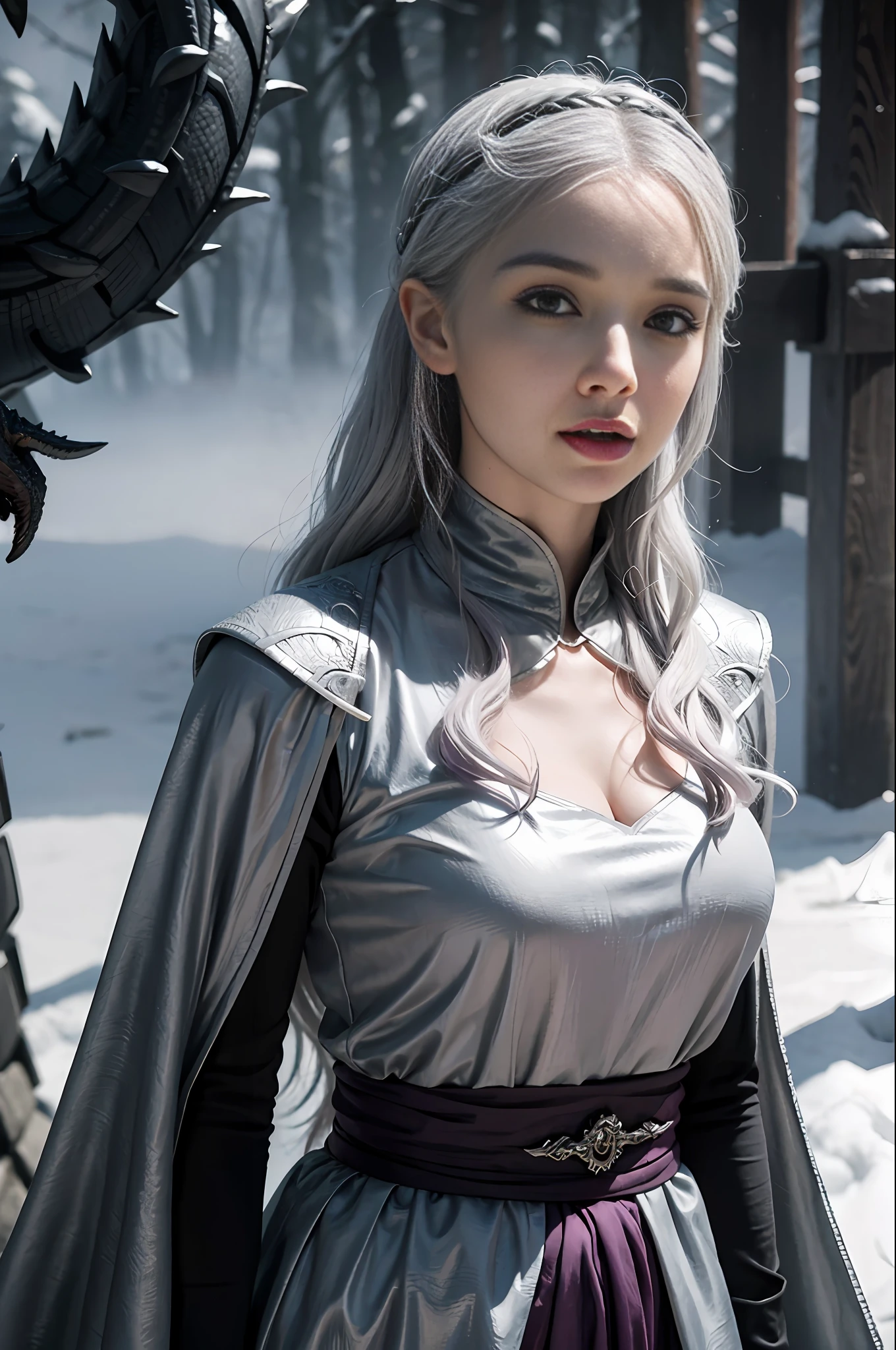 Appearance: Dragon Mother is a beautiful and charming woman with silver hair and purple eyes, her skin is pale and smooth, her demeanor is elegant, and her body is petite, Character: Dragon Mother is a resolute and fearless woman, she is full of justice and maternal love, and unconditionally protects and supports her family and friends. She is intelligent and intelligent, decisive in decision-making, but also passionate and impulsive, Ability: Dragon Mother has the ability to control and control dragons, she can communicate with dragons and fight through the power of dragons, she also has leadership skills, good at motivating and leading people, Fighting Status: Dragon Mother shows strong combat skills and courage in battle, she can ride dragons in the air, and use dragon burn to attack enemies. She also has swordsmanship and strategic skills, she becomes a true dragon mother by combining with dragons, and leads her dragons and loyal followers to conquer the Seven Kingdoms, (purple eyes), (silver hair), beauty is different from ordinary people, ((film grain: 1.3)), 1 woman , 8k, RAW photo, best quality, masterpiece: 1.2, (realistic, photo fidelity: 1.37), detailed beautiful face, (realistic: 1.4), (soft focus: 1.4), (sharp focus: 1.4), (detailed background: 0), Ultra detailed, Solo, (Rage: 1.1), ((Majesty, frown)), (Shut Up: 1.05), Beautiful and delicate eyes, (long gray hair), ((full body)), Game of Thrones, Daenerys Targaryen hairstyle, outdoor, winter, frozen, blizzard,