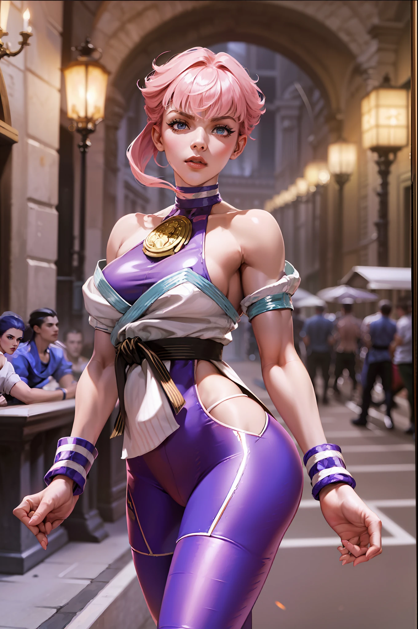 ((Best Quality, 8K, Masterpiece: 1.3)), (Fractal Art: 1.3), ((A Manon who matches the official Street Fighter 6, doing the opening action of the game)), Pink Shiny Short Hair, (Manon wearing a Street Fighter 6 costume), European French, supermodel_body and face, 30 years old, height 178cm, mature, detailed face, detailed skin texture, angular face, (long eyes: 1.2, big eyes, pronounced eyelids, long eyelashes), feminine expression, confident expression, long legs, perfect body proportions, (small breasts small and hard), (fitness figure, with obvious muscles), pink nails, perfect facial features, symmetrical face, high nose bridge, three-dimensional, very elegant movements, noble temperament, full of confident eyes shining, best light, ray tracing, photon mapping, (in the distance is the Eiffel Tower in Paris, Baroque architecture, walking the red carpet in front of the palace, stars shooting magazines, The focus of the whole scene, there are super many reporters on both sides of the red carpet to take photos, night, night, lively lights), official illustrations (the texture of fine clothes), (shot with a DSLR camera from a distance, shooting from top to bottom), complex reflections, the blingbling golden and sliver glitter on the body: 1.6, shining because of reflections Very dazzling)