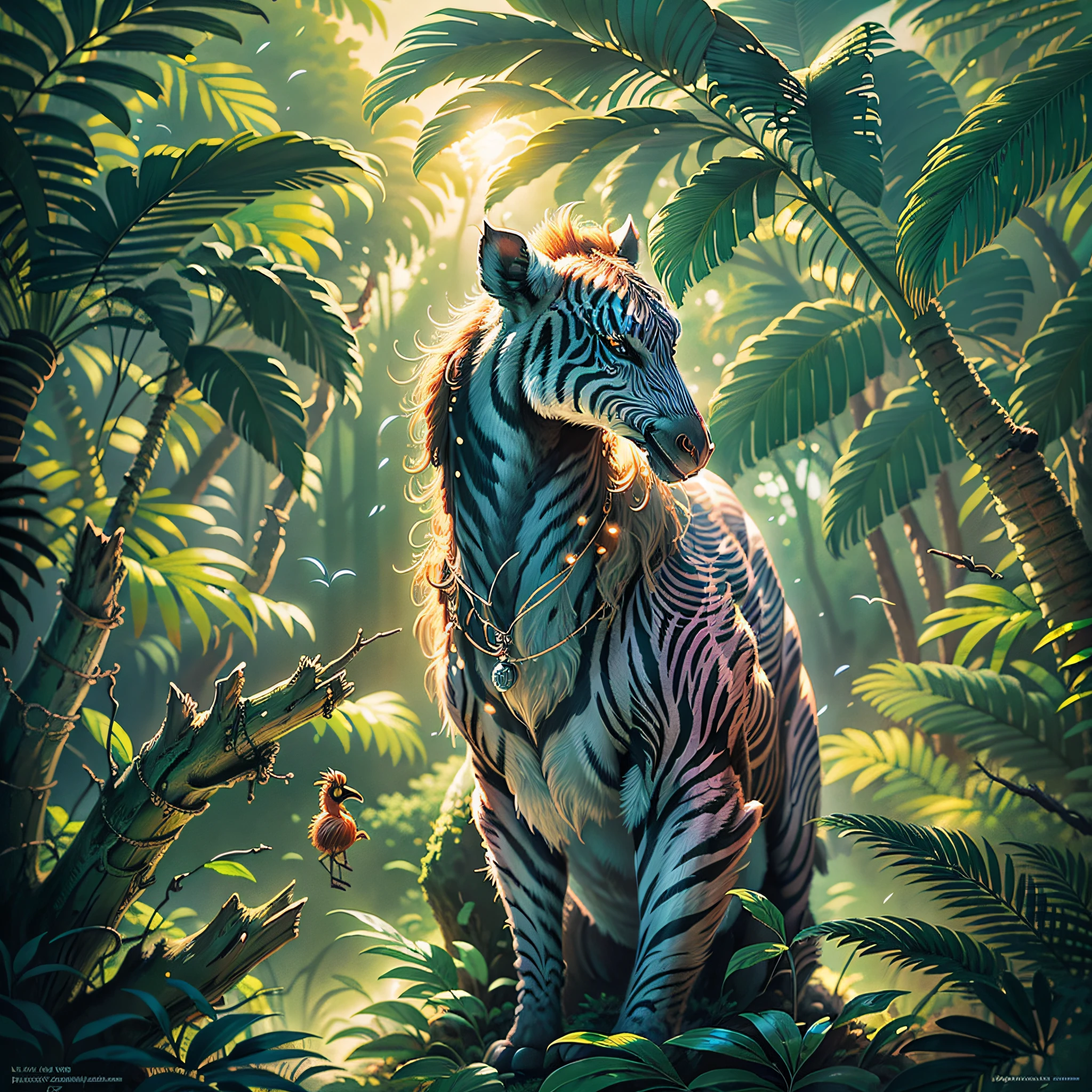 In a dense tropical jungle, tiny magic gnomes, a winged zebra flying in the background and flamingos in a dense jungle, dense tropical jungle, lush palm trees, wet foliage after heavy rain, sunset shining through the leaves of the trees, beautiful digital artworks, magnificent animals, Beeple and James Jean, Beeple and Tim Hildebrandt, digital fantasy illustration, highly detailed digital painting, behance quality, stunning digital illustration, award-winning painting, highly detailed digital art, beautiful digital illustration, artstation, artstation trend, cinematic lighting and HDR on stage IA, chromatic aberration, depth of field, intricate, bokeh, trend in CGsociety, dramatic, axis of the sun, masterpiece, (masterpiece, best quality: 1.2), 1time of heavy rain, creating a mystical situation of enchantment, behance trend, zebra standing on a rock in a tropical jungle with a waterfall, fantasy jungle, lush oasis, mysterious jungle painting, beautiful jungle, magical jungle, highly detailed 4k digital art, 4k detailed digital art, jungle landscape, inspired by T.I. Hildebrandt, behance fantasy art