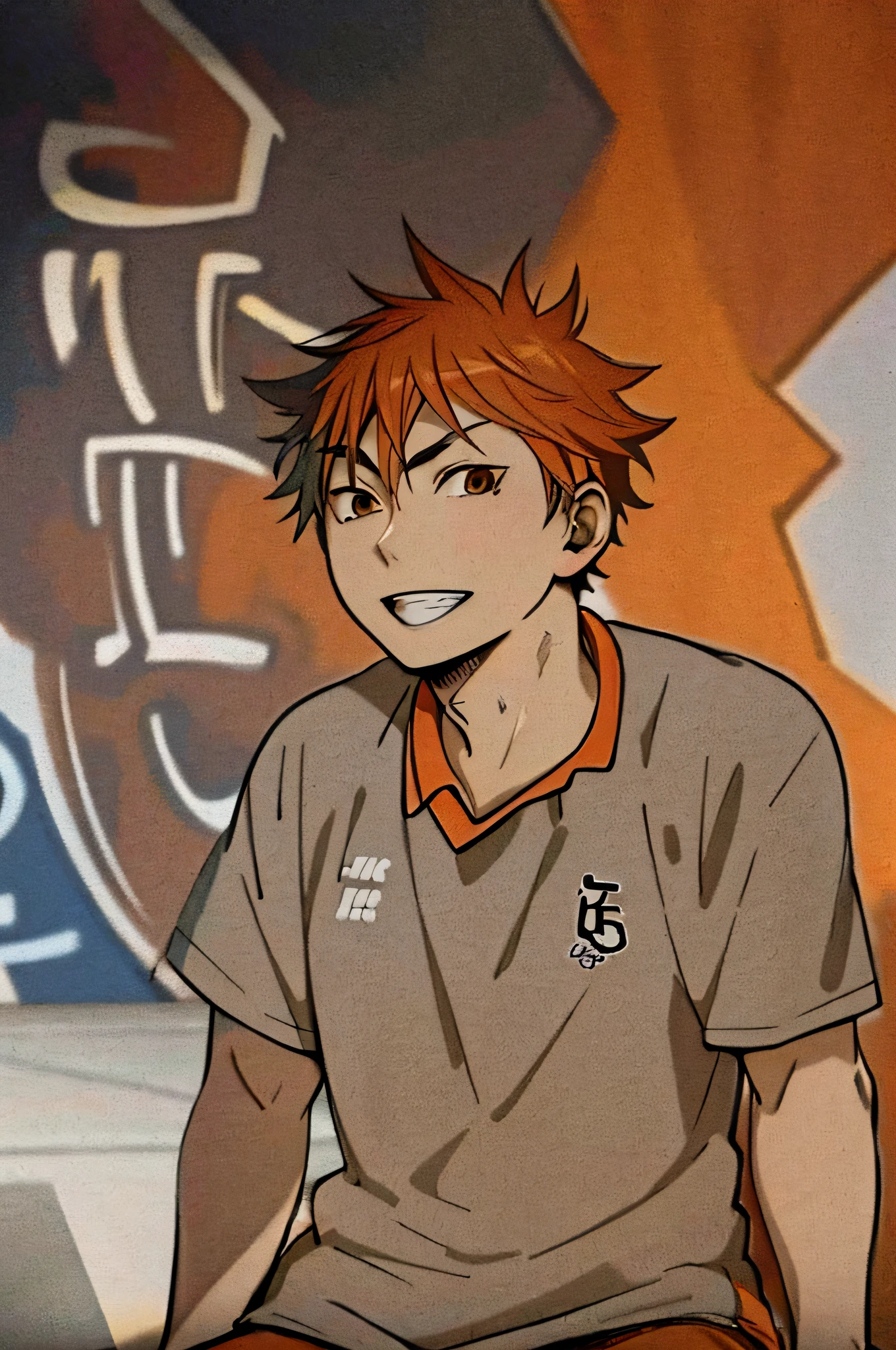 HD, (Best Detail) (Best Quality) Alafard Young Man Sitting in Front of Graffiti-covered Wall, Hinata Shoyo, Ultra-detailed Face, Playing Volleyball, Short Orange Hair, Volleyball Costume, Focused Eyes, Short Neck, Pointed Chin, Cat's Eyes,