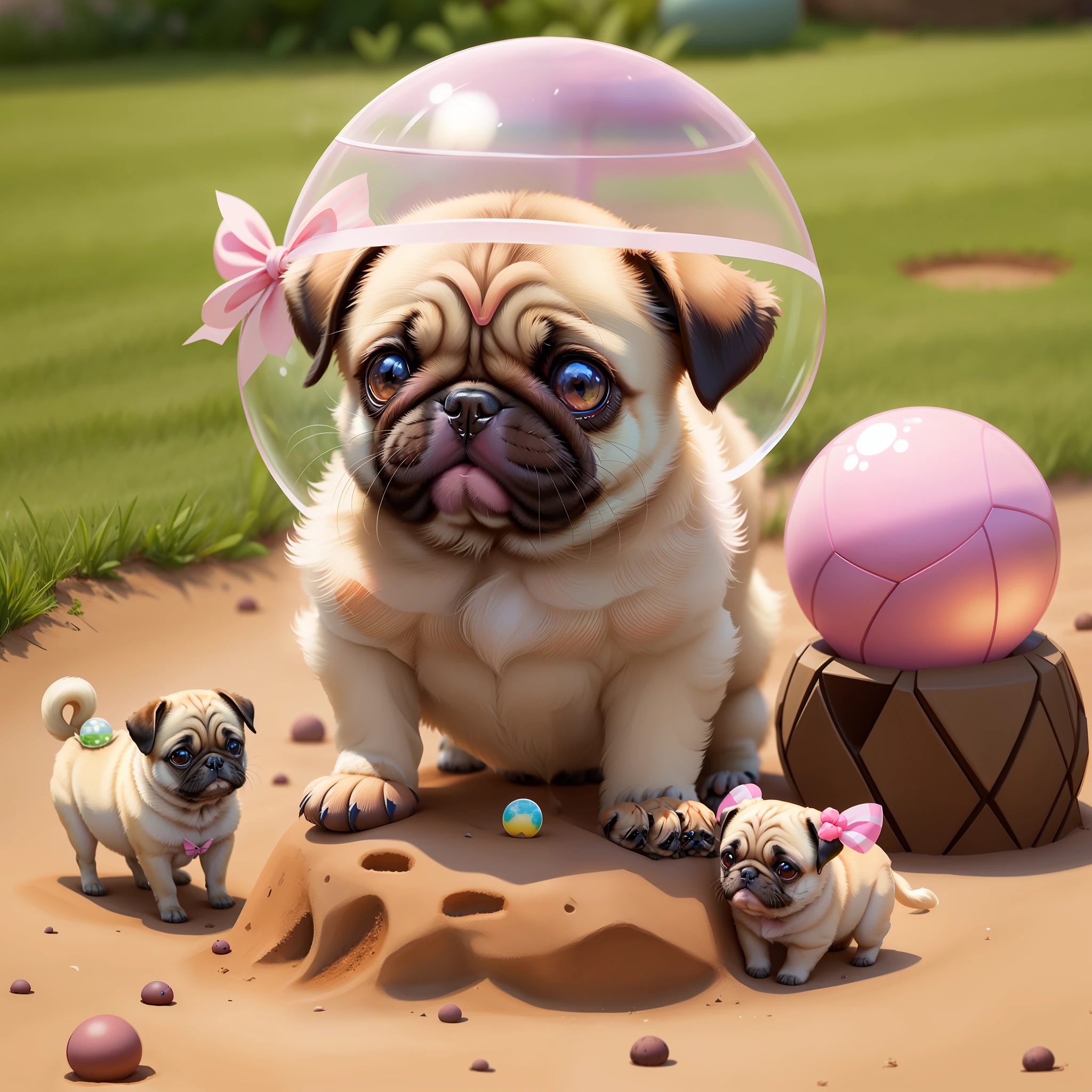 Four pug puppies with a pink bow between their ears are sitting on the grass near an anthill, around them is a transparent spherical dome on which butterflies are sitting, cartoon