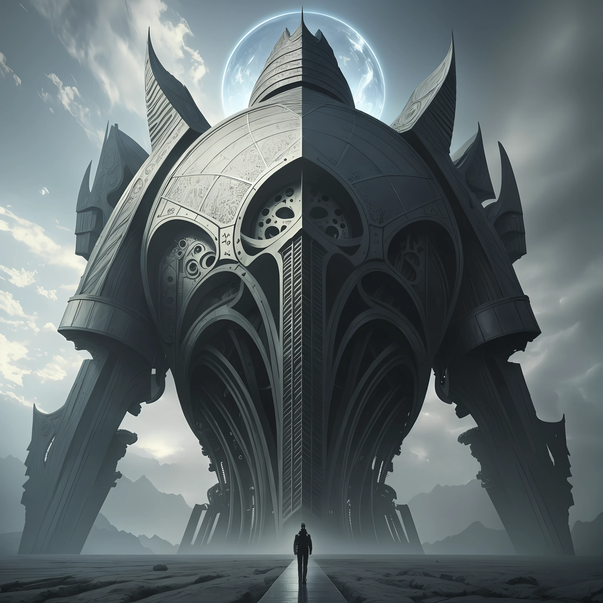 biomechanicallandscape dreamside, art by H.R. Giger, 8K, cinematic sense, masterpiece, monochromatic