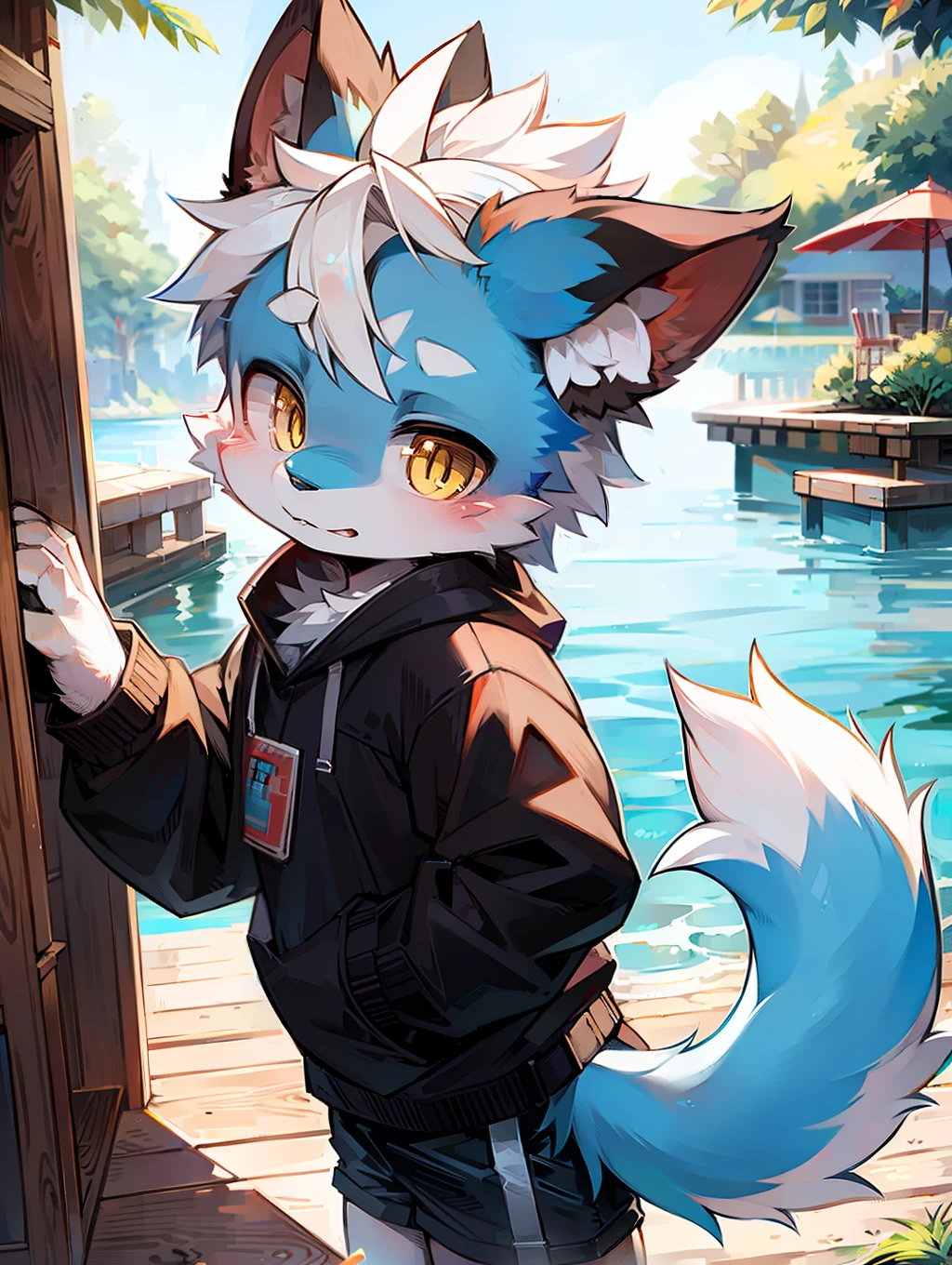 (by dagasi: 1.1), BREAK, Masterpiece, High Resolution, 8k, Detailed Background, High Quality, BREAK, BREAK, ((light blue fur, white hair, black sclera, yellow eyes, fluffy, detailed fur)) Fur, break, male, humanoid, shorts, swimming trunks