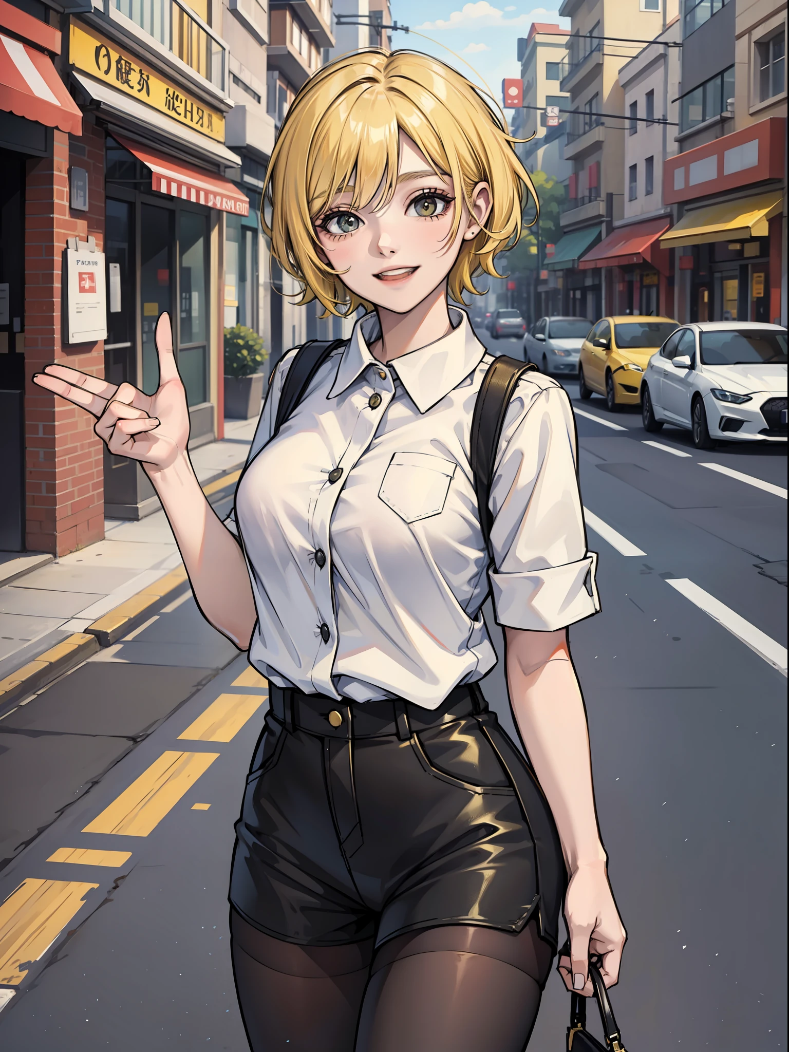 Short yellow hair, woman, happy, roadside, urban