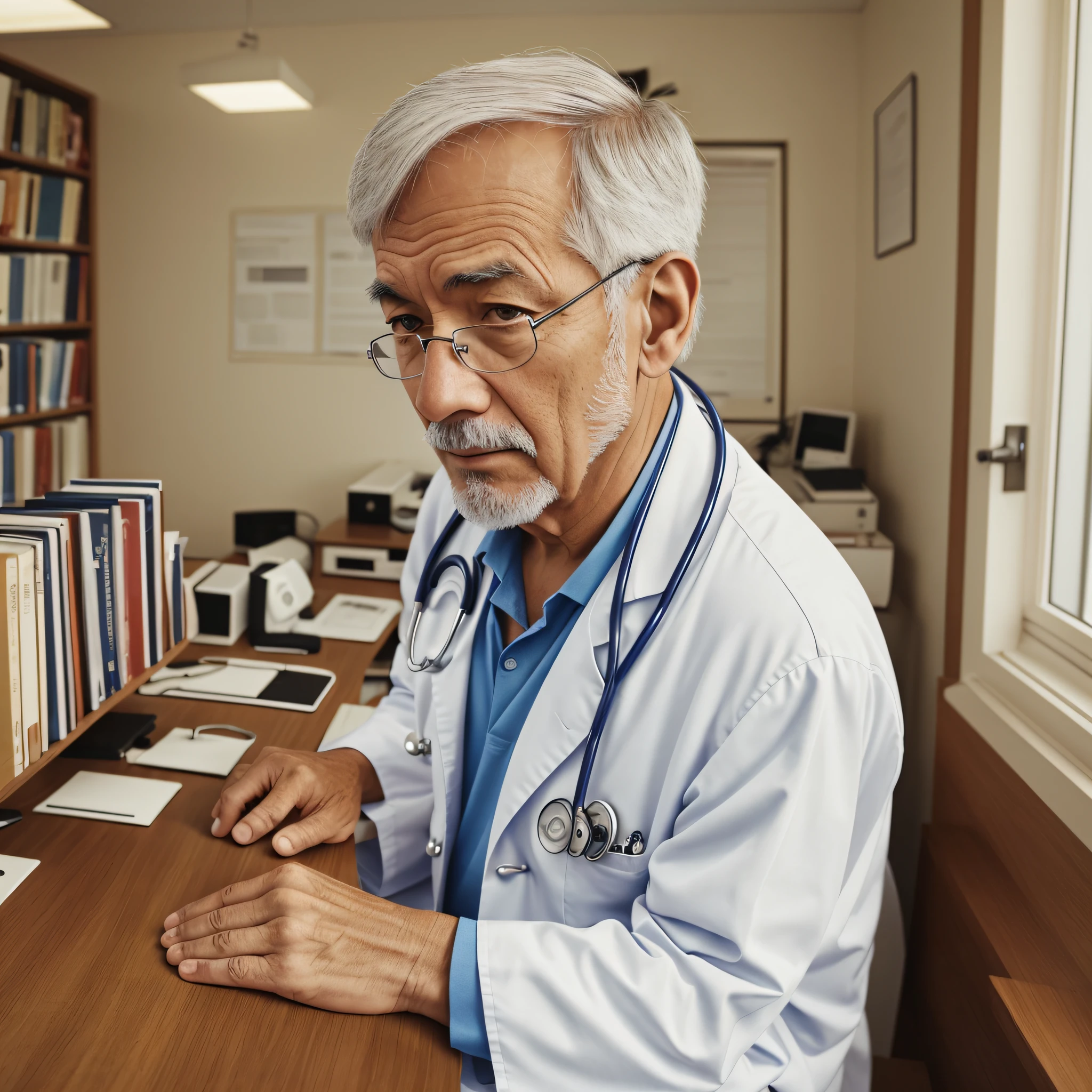 A 63-year-old doctor in his office, his gaze far away --auto --s2