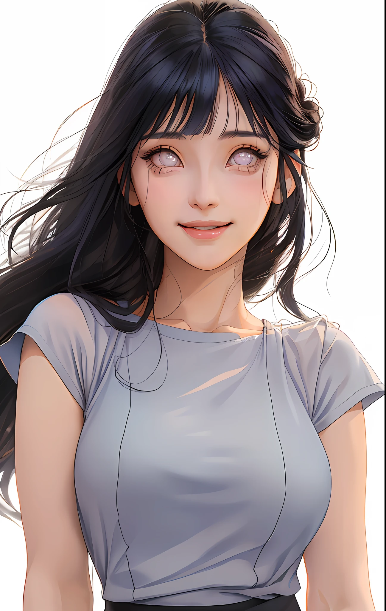 a girl with long blue hair and a gray shirt, hinata hyuga, hinata hyuga from naruto, she has black hair with blunt bangs, realistic, with long dark hair, from naruto, blunt bangs, (realistic hair:1.3), (long hair:1.3), (light smile:1.3), detailed character, realistic character, blushing, (beautiful face:1.3), (detailed eyes:1.3), pretty, medium breast, eyelashes