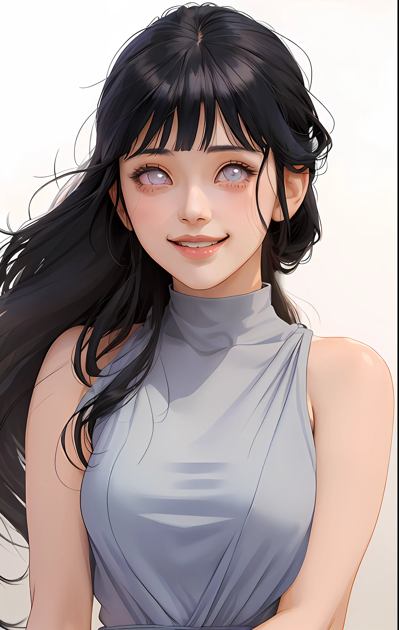 a girl with long blue hair and a gray shirt, hinata hyuga, hinata hyuga from naruto, she has black hair with blunt bangs, realistic, with long dark hair, from naruto, blunt bangs, (realistic hair:1.3), (long hair:1.3), (light smile:1.3), detailed character, realistic character, blushing, (beautiful face:1.3), (detailed eyes:1.3), pretty, medium breast, eyelashes