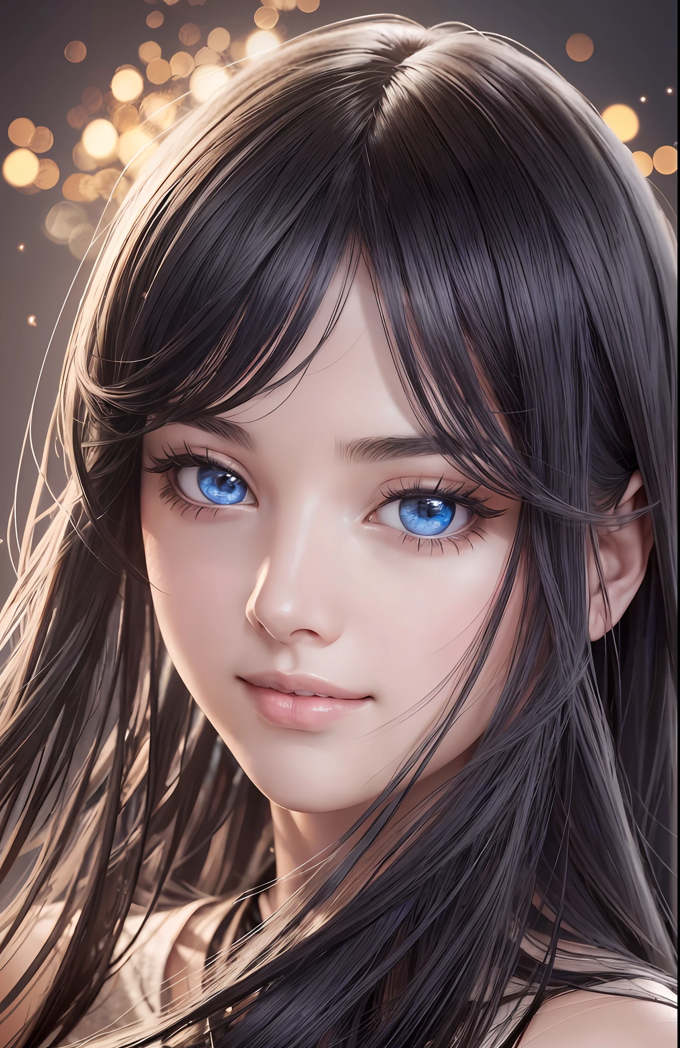 (Ultra Realistic), (Illustration), (Increased Resolution), (8K), (Extremely Detailed), (Best Illustration), (Beautiful and Detailed Eyes), (Best Quality), (Ultra Detailed), (Masterpiece ), ( wallpaper), (detailed face), solo, 1 girl, looking at viewer, fine details, detailed face, in the dark, deep shadows, low key, pureerosfaceace_v1, smiling, long hair, black shawl straight hair , 46 points oblique bangs