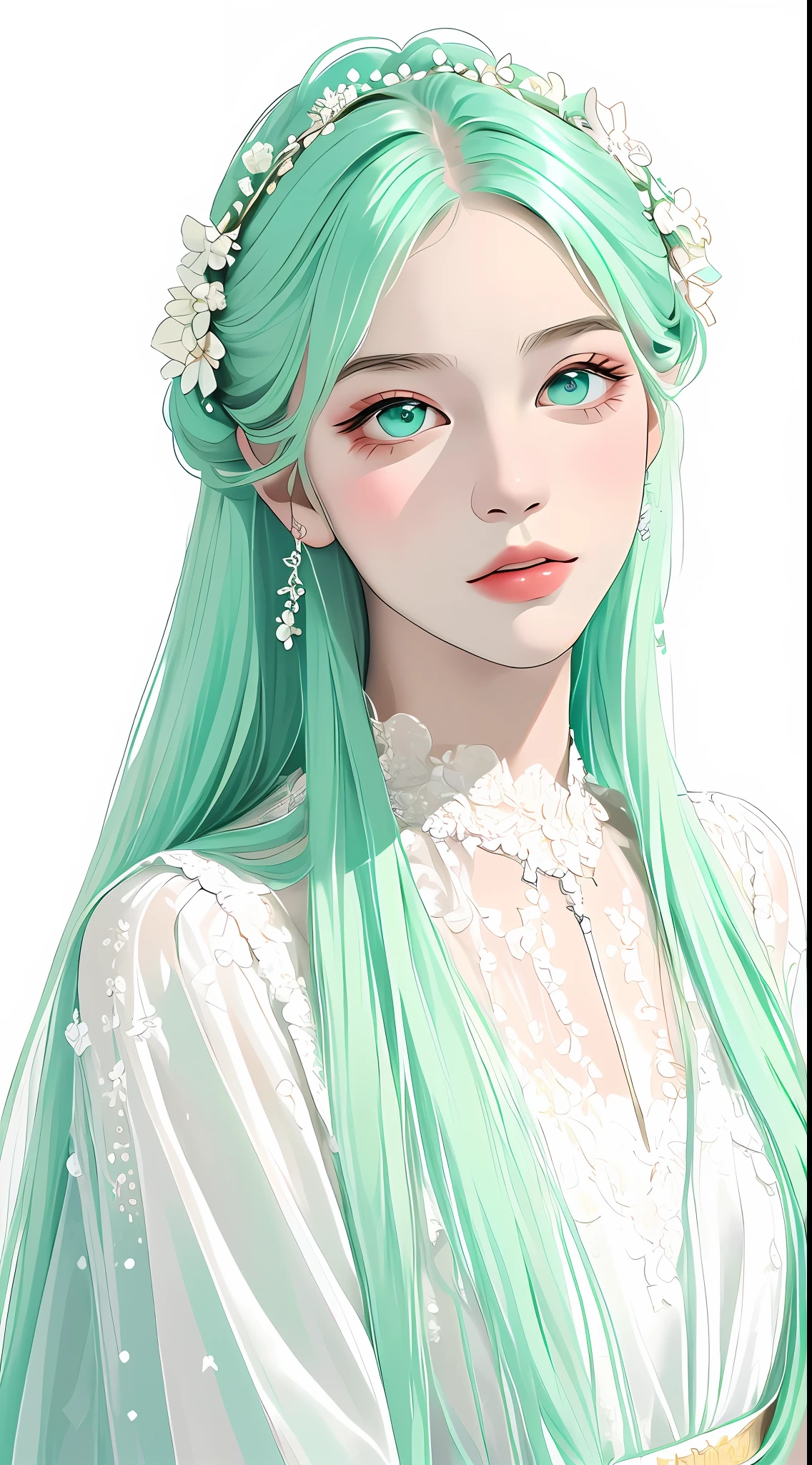 Masterpiece, best quality, an extremely delicate beautiful girl, super detailed, highly detailed, best quality, a girl with mint hair, beautiful mint eyes, high resolution, very detailed, 1girl, best quality, looking at the viewer, impasto, realism, real, white background