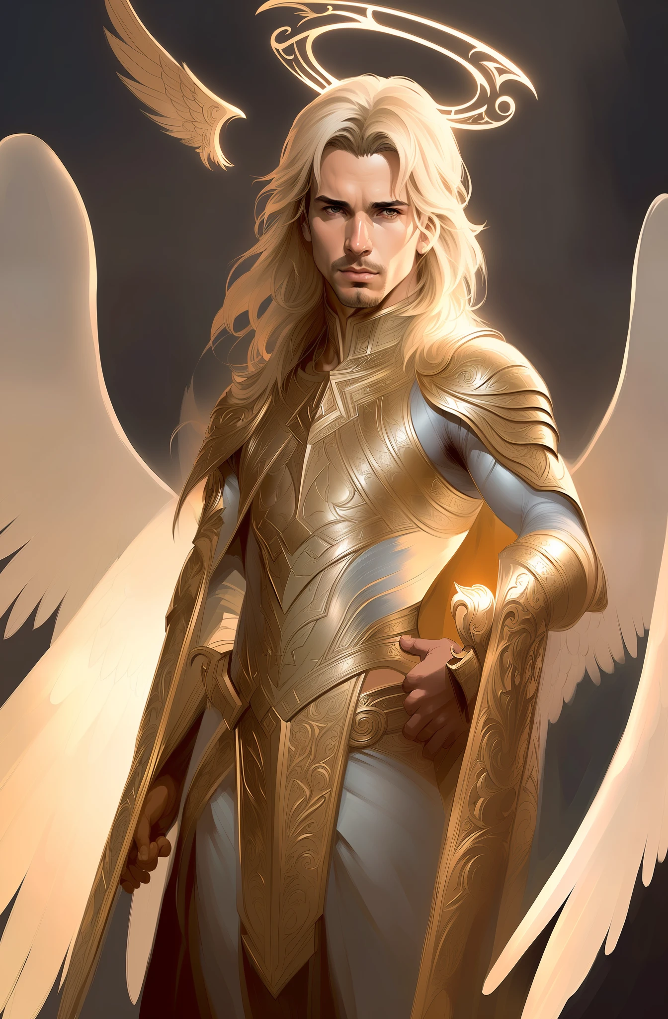 Up close portrait of a male angel, d & d, face, fantasy, intricate, elegant, highly detailed, digital painting, artstation, concept art, smooth, sharp focus, illustration, art by artgerm and greg rutkowski and alphonse mucha
