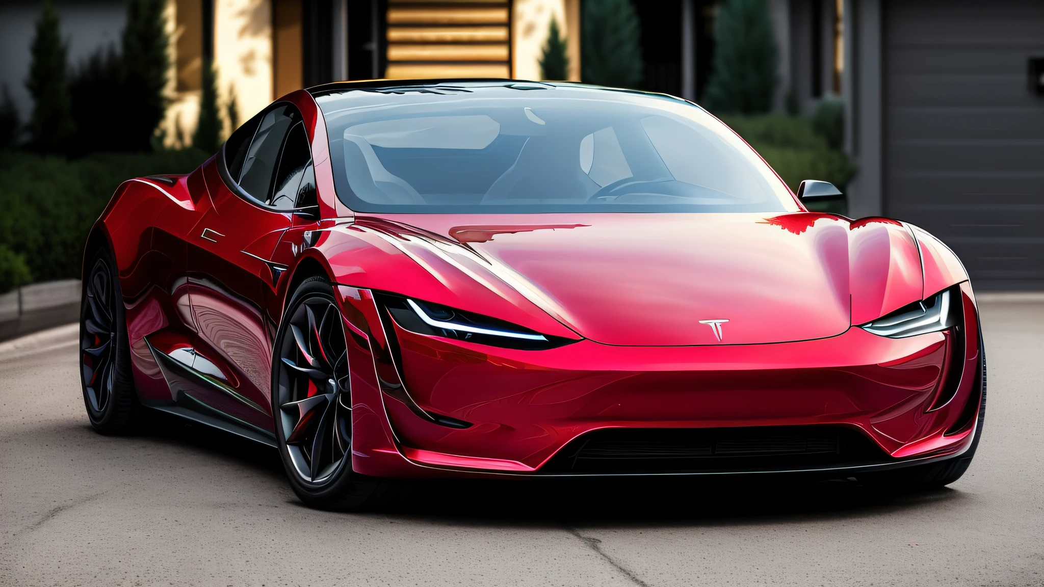 a close up of a red tesla sports car parked in front of a house, tesla car, roadster, tesla dune buggy, car tesla 3, tesla, musk ( 2 0 2 4 ), tesla cybertruck, tesla model 3, concept car, futuristic cars, supercar, police tesla, with sleek lines and a powerful, 🕹️ 😎 🔫 🤖 🚬, sports car