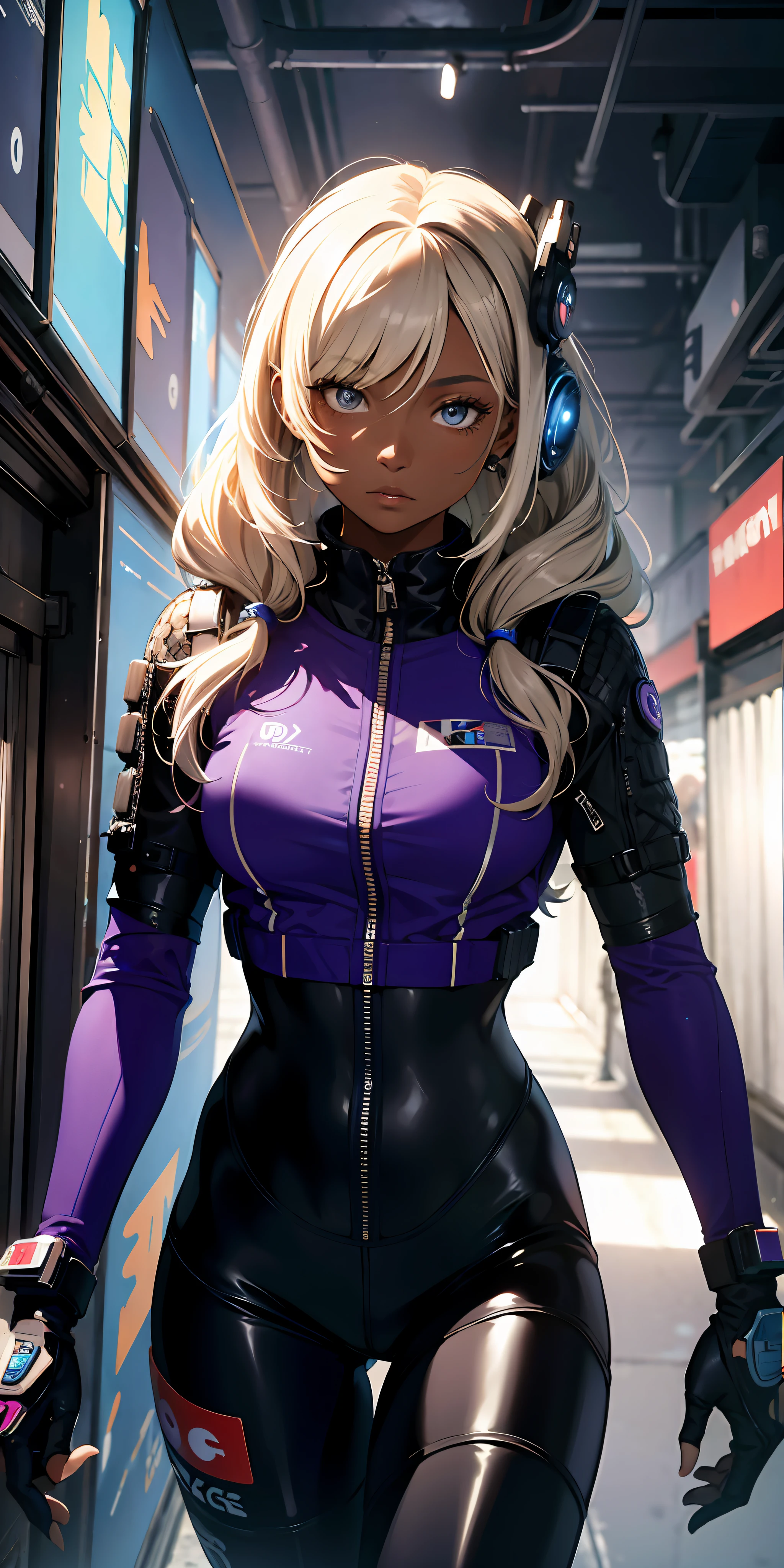 (masterpiece:1.4), 1girl, Wear a lightweight spacesuit, no helmet,absurdres, (masterpiece:1.4), ultra-detailed, 1girl, dark-skinned, stand up, space uniform,2023 fashion, cyberpunk streetwear, black and purple, long blonde wildly hair
