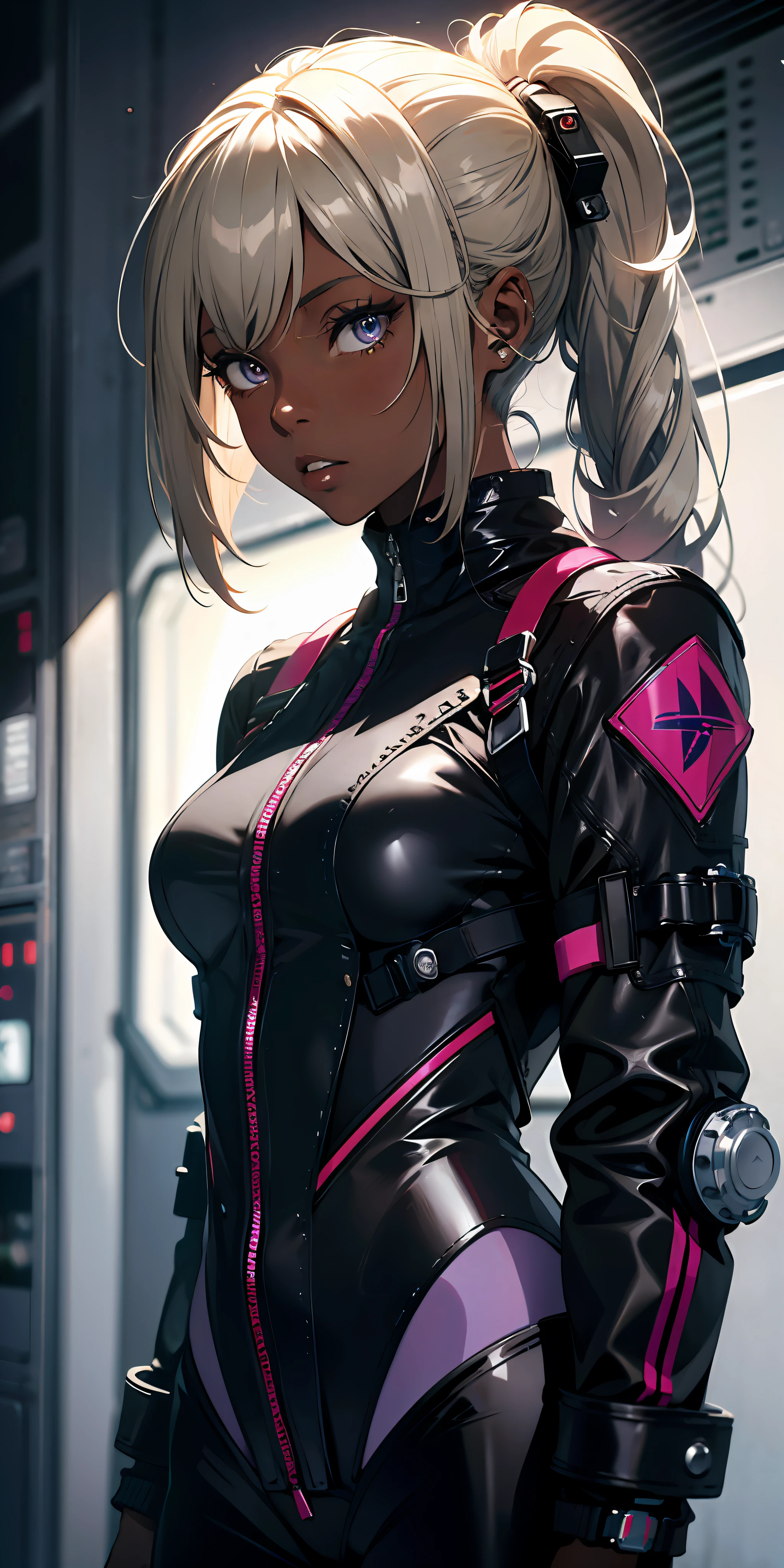 (masterpiece:1.4), 1girl, Wear a lightweight spacesuit, no helmet,absurdres, (masterpiece:1.4), ultra-detailed, 1girl, dark-skinned, stand up, space uniform,2023 fashion, cyberpunk streetwear, black and purple, long blonde wildly hair