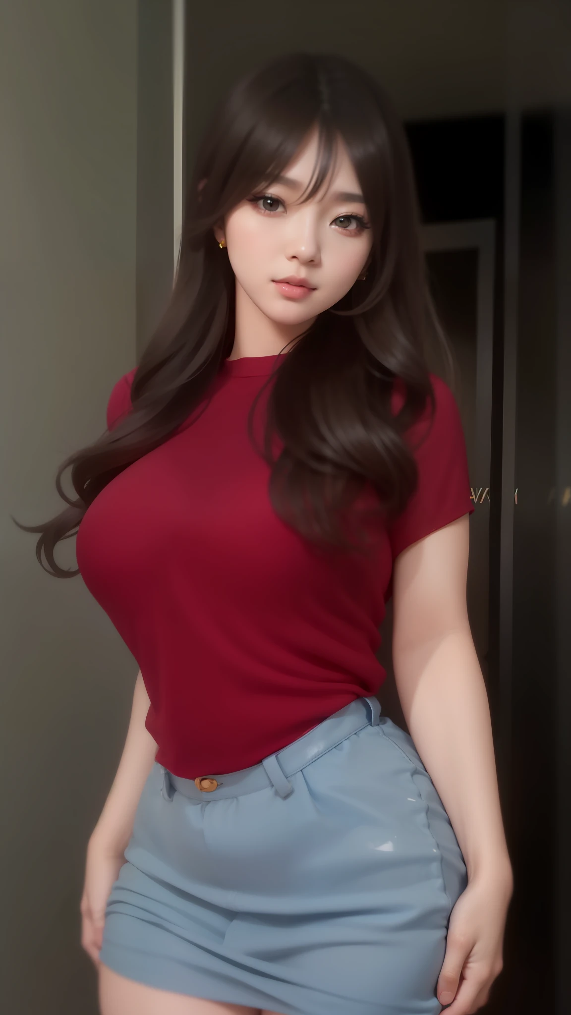 beautiful female k-pop idol, gigantic breasts, huge cleavage, her face is visible, close-up portrait, shot on sony a1, 85mm F/1. 4 ISO 100, medium format, 45 megapixel, studio lighting, softbox, high shutter speed flash photography, award-winning photograph with golden ratio composition, look at viewer