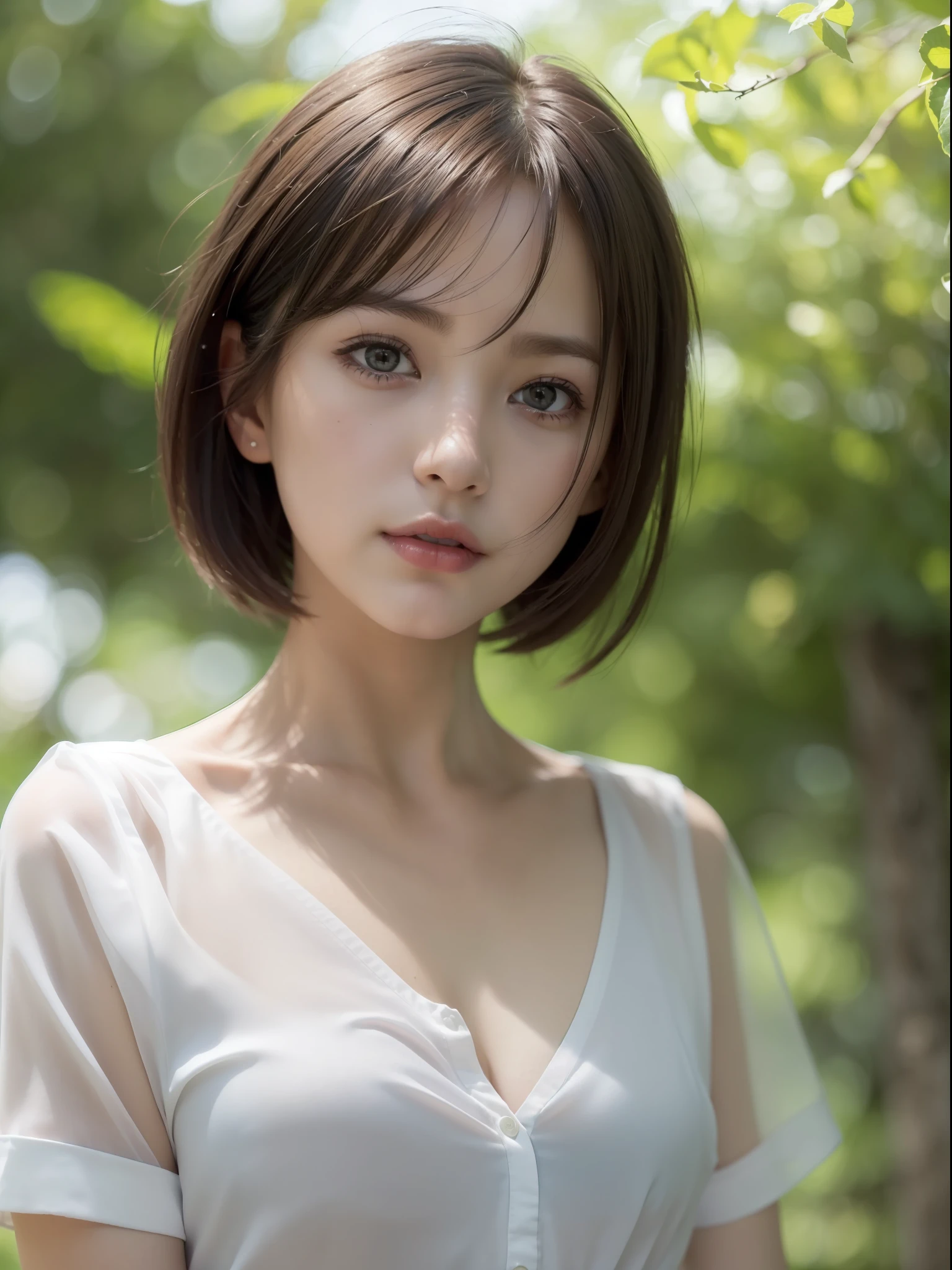 ((Best quality, 8k, Masterpiece: 1.3, raw photo)), Sharp focus: 1.2, (1 AESPA girl: 1.1), (realistic, photo-realistic:1.37), face focus, cute face, small breasts, flat chest, brunette short hair, standing, looking back, (white shirt: 1.2), home, sunlight, cinematic lighting, from below