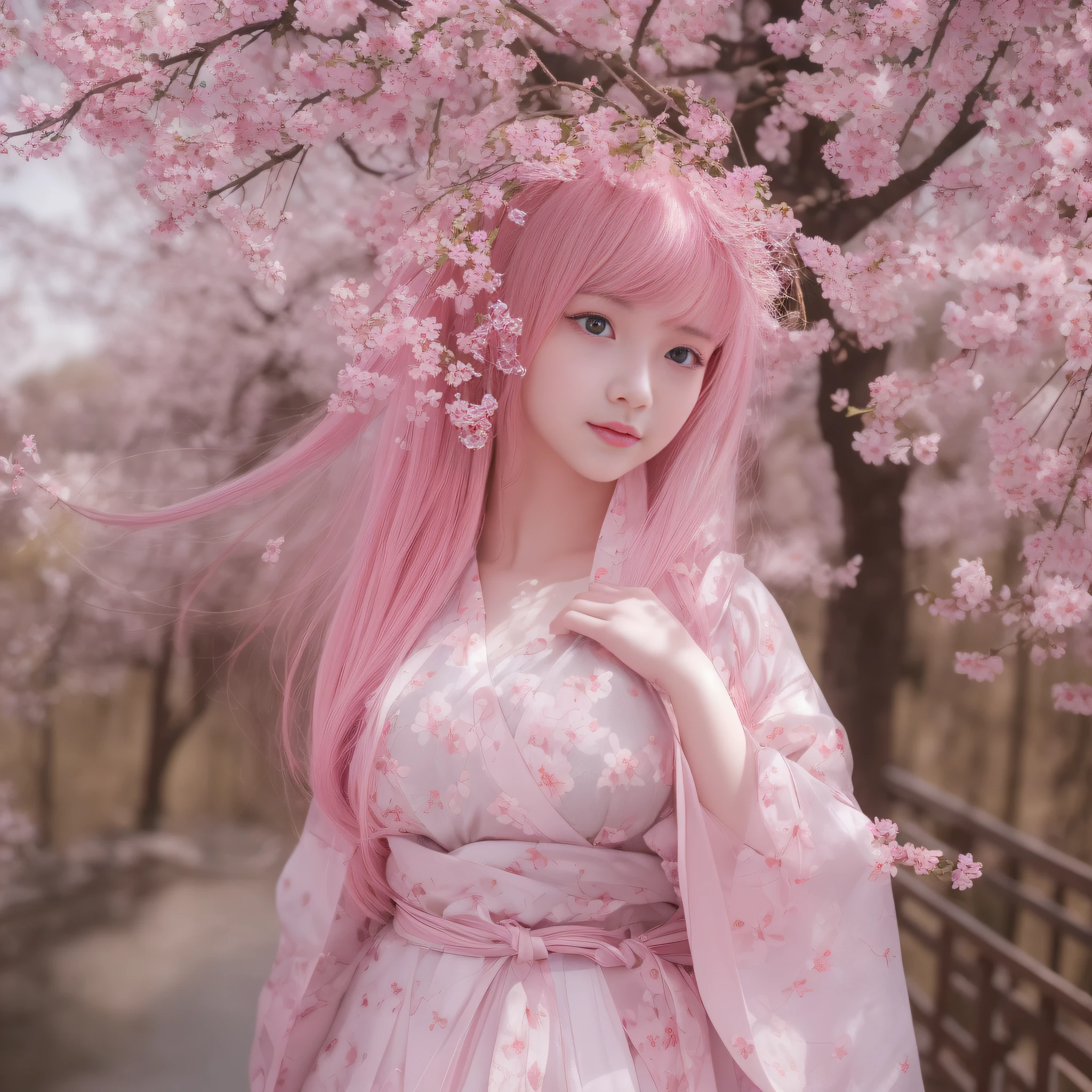 Extremely detailed CG Unity 8k wallpaper, best lighting, super detailed), (best quality, masterpiece, high resolution), standing, national style girl, cherry blossom petals, soft light, beautiful hair, pink and white Hanfu costume, large open space, cherry blossom season, cherry blossom silk, bright colors, light smile, floating cherry blossom petals, standing on a wooden bridge