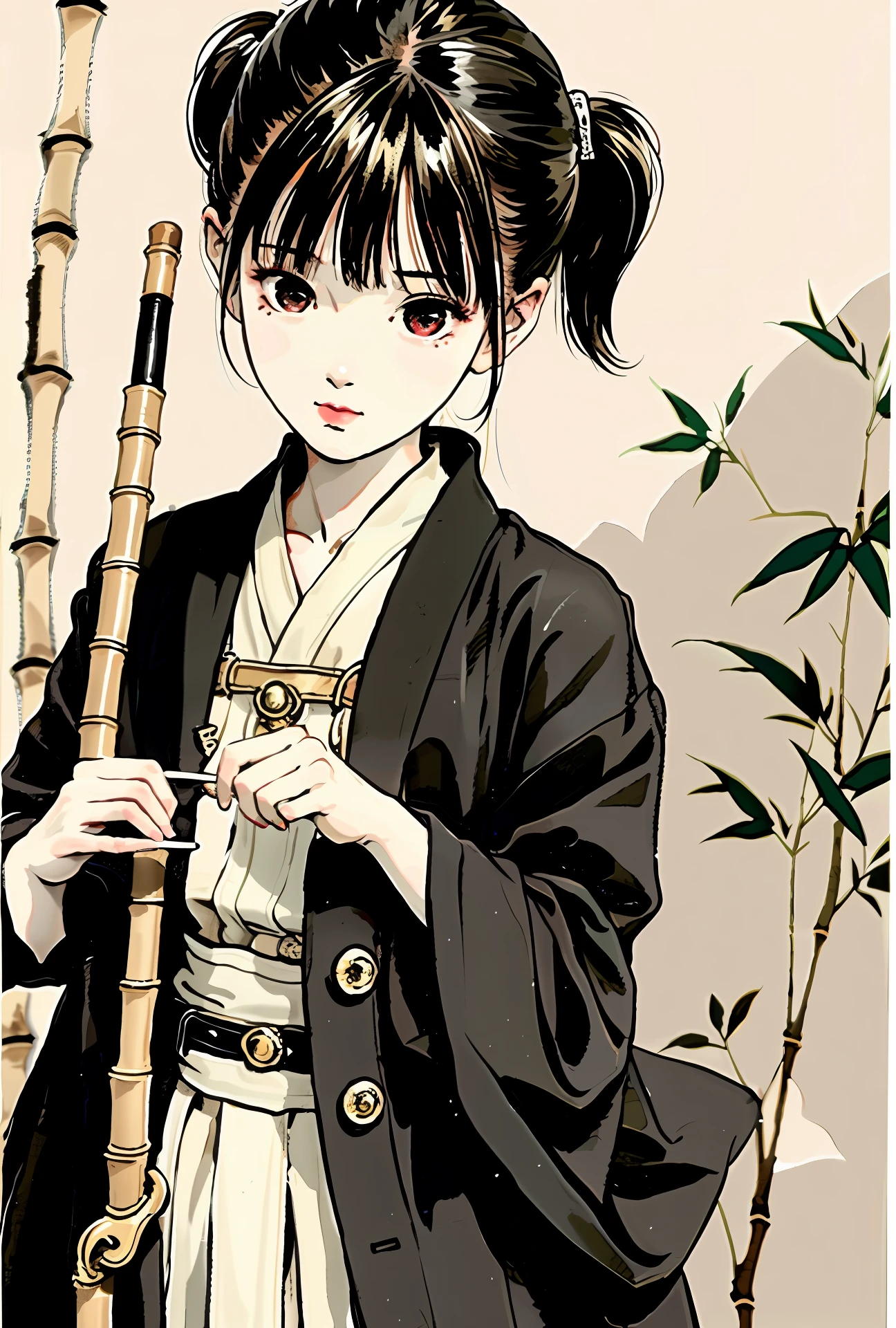 Antique boy, high ponytail, flute, bamboo forest