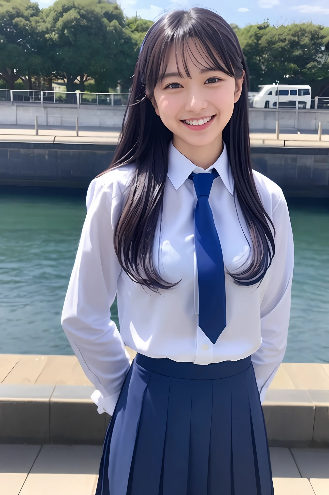 big, big, long hair, smile, navy blue tie, navy blue skirt, light blue shirt, gravure idol, waterside, wet, smile
