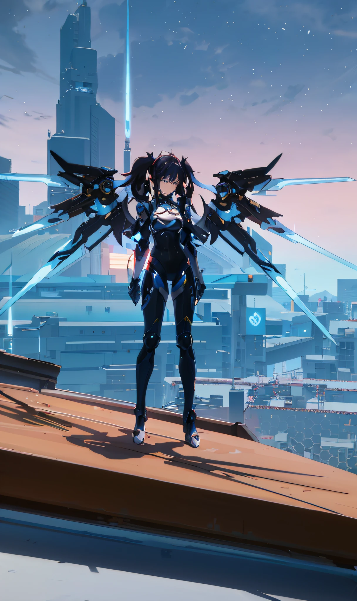 anime character standing on a ledge with wings in the air, mecha wings, girl in mecha cyber armor, katana zero video game character, cyberpunk anime girl mech, mechanized valkyrie girl, female cyberpunk anime girl, clothed in cyber armour, cyberpunk anime girl, in cyber punk 2077, 8 k character details, tron angel, cyberpunk angry gorgeous goddess