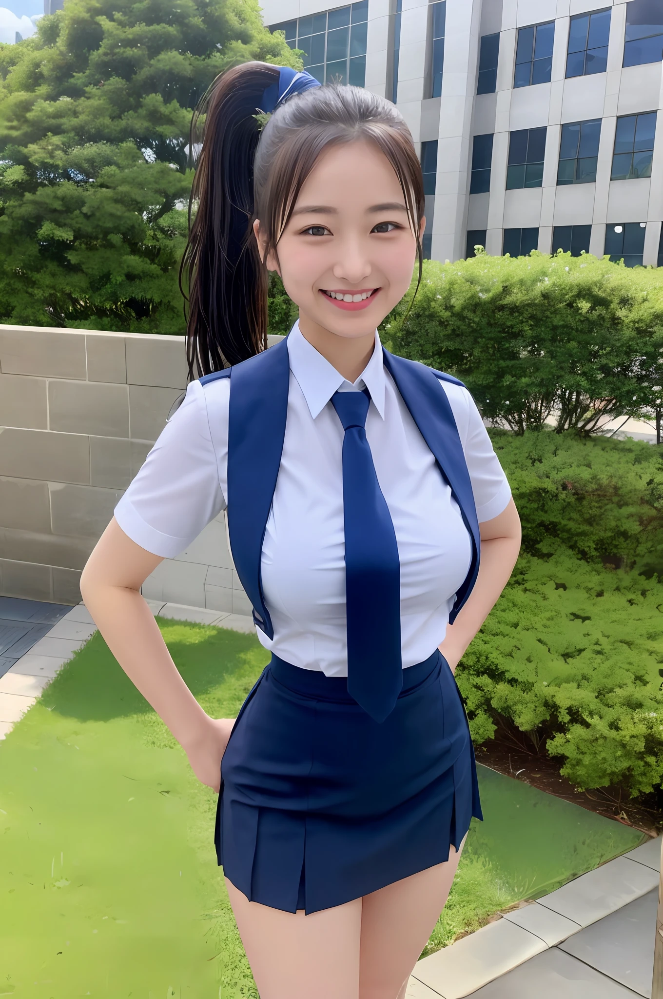 big breasts, big, big, ponytail, uniform, navy blue tie, navy blue skirt, light blue shirt, gravure idol, waterside, wet, smile