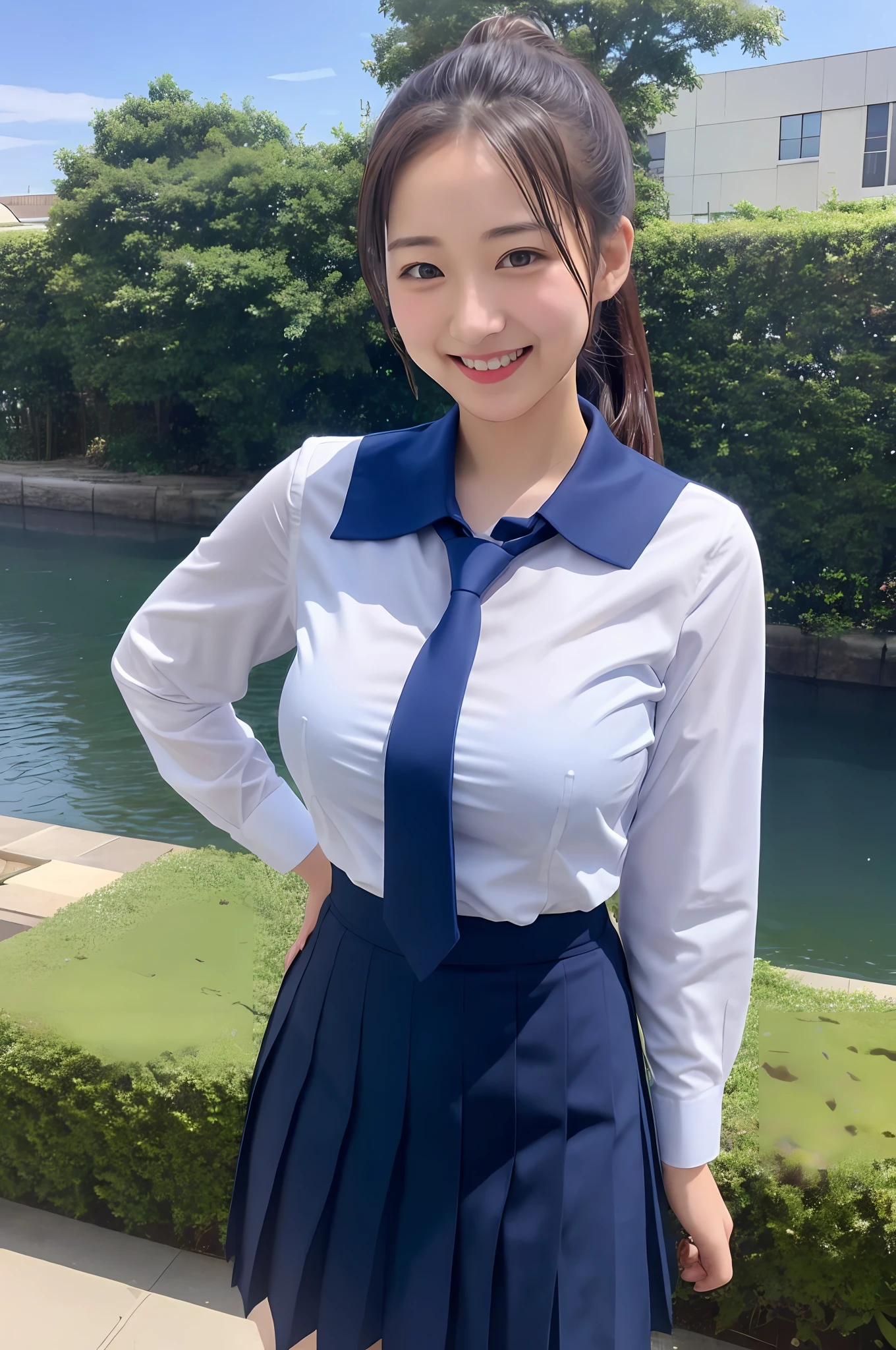big breasts, big, big, ponytail, uniform, navy blue tie, navy blue skirt, light blue shirt, gravure idol, waterside, wet, smile