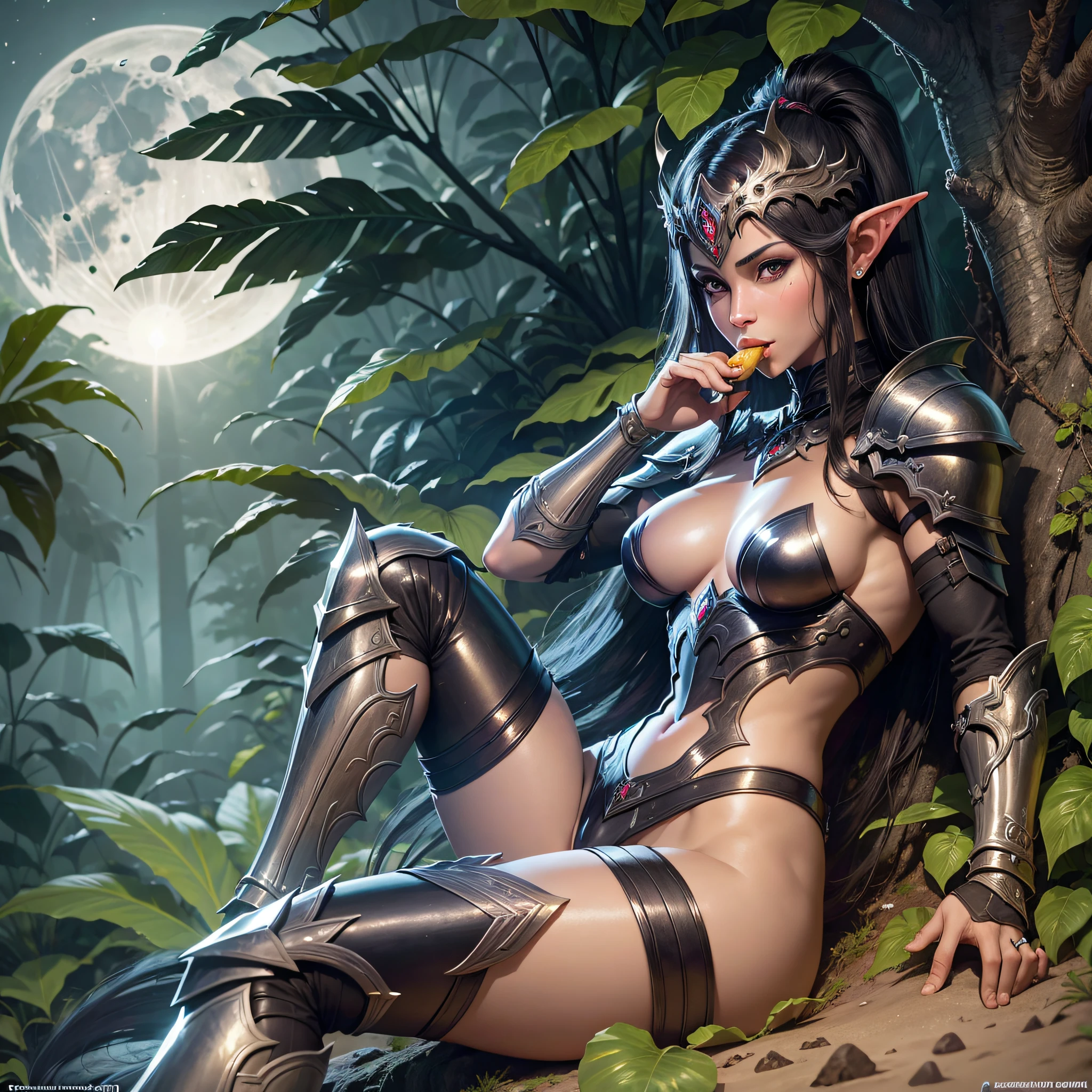 masterpiece, best quality, realistic, naked dark elf warrior woman with a small and sexy shiny black armor, with a banana in her mouth, in the middle of the jungle at dusk with the moon shining, vector art --auto --s2