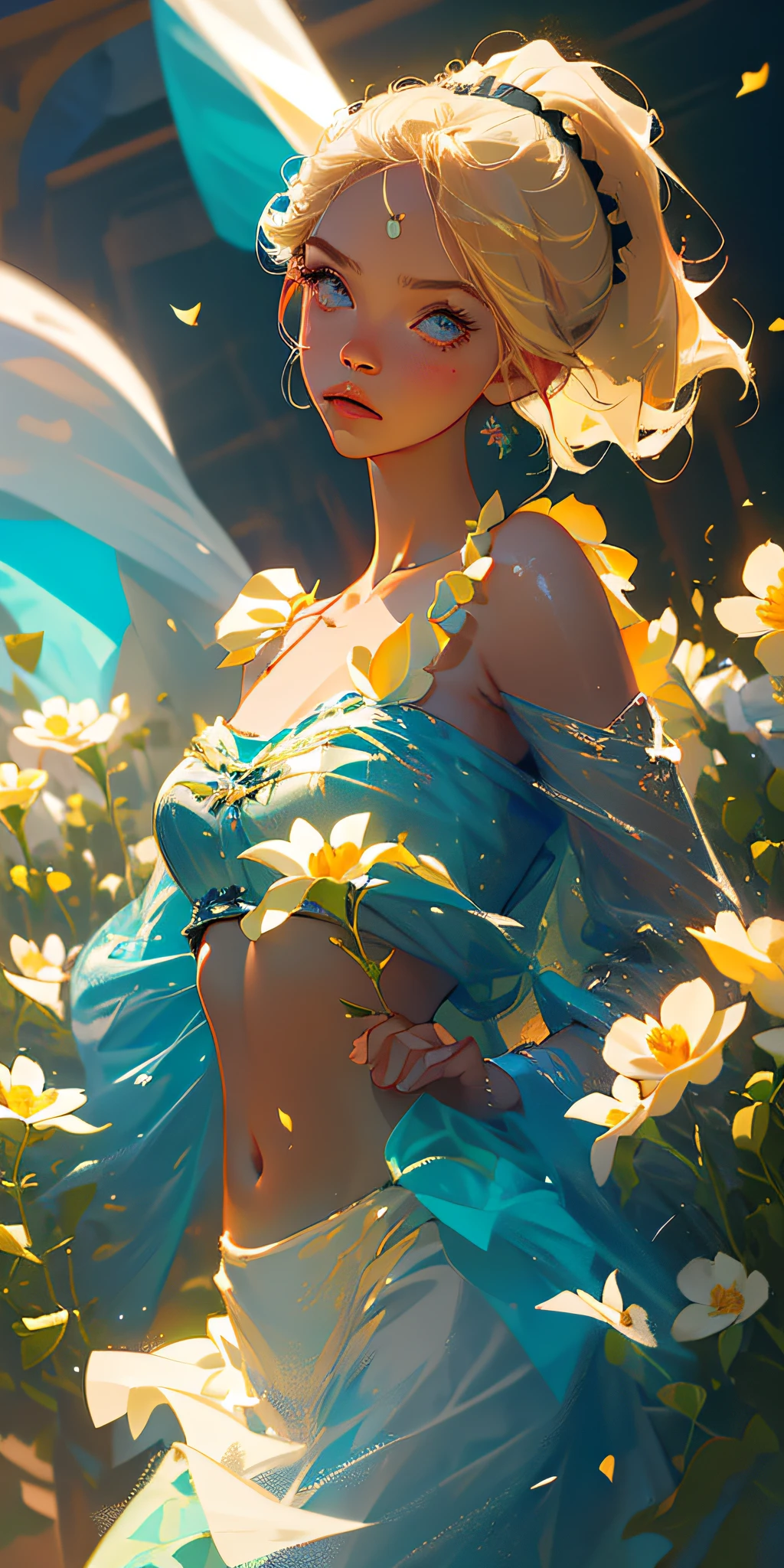 (Excellent, Masterpiece), 1girl, pose, particles, wind, flower, upper body, simple background, looking at the audience, focusing on face, blonde, collarbone, navel, bandeau