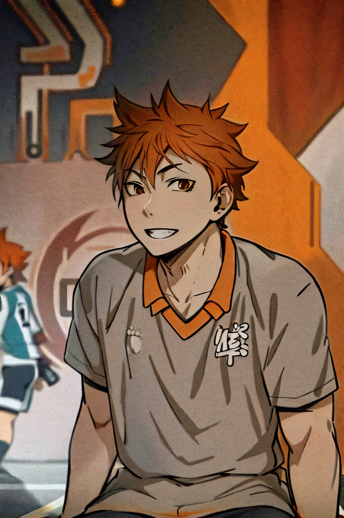 HD, (Best Detail) (Best Quality) Alafard Young Man Sitting in Front of Graffiti-covered Wall, Hinata Shoyo, Ultra-detailed Face, Playing Volleyball, Short Orange Hair, Volleyball Costume, Focused Eyes, Short Neck, Pointed Chin, Cat's Eyes,